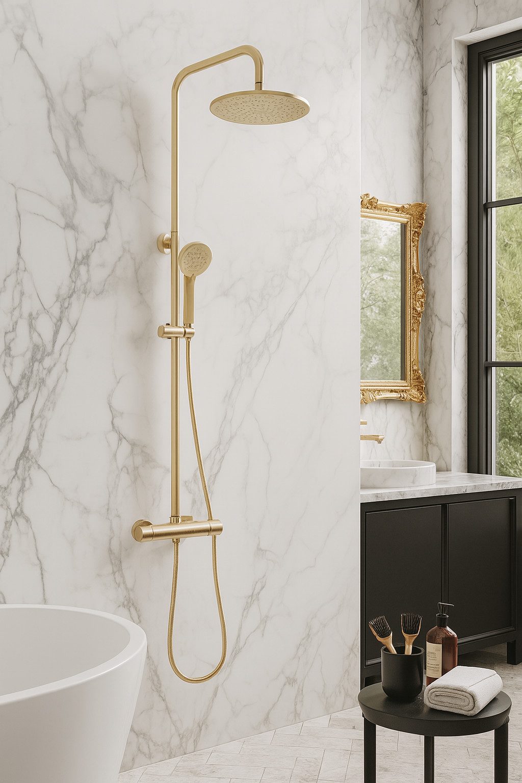 wohnwerk.idee Duschsystem Dusche Regendusche Duschgarnitur mit Thermostat Parot Matt Gold, 2 Strahlart(en)