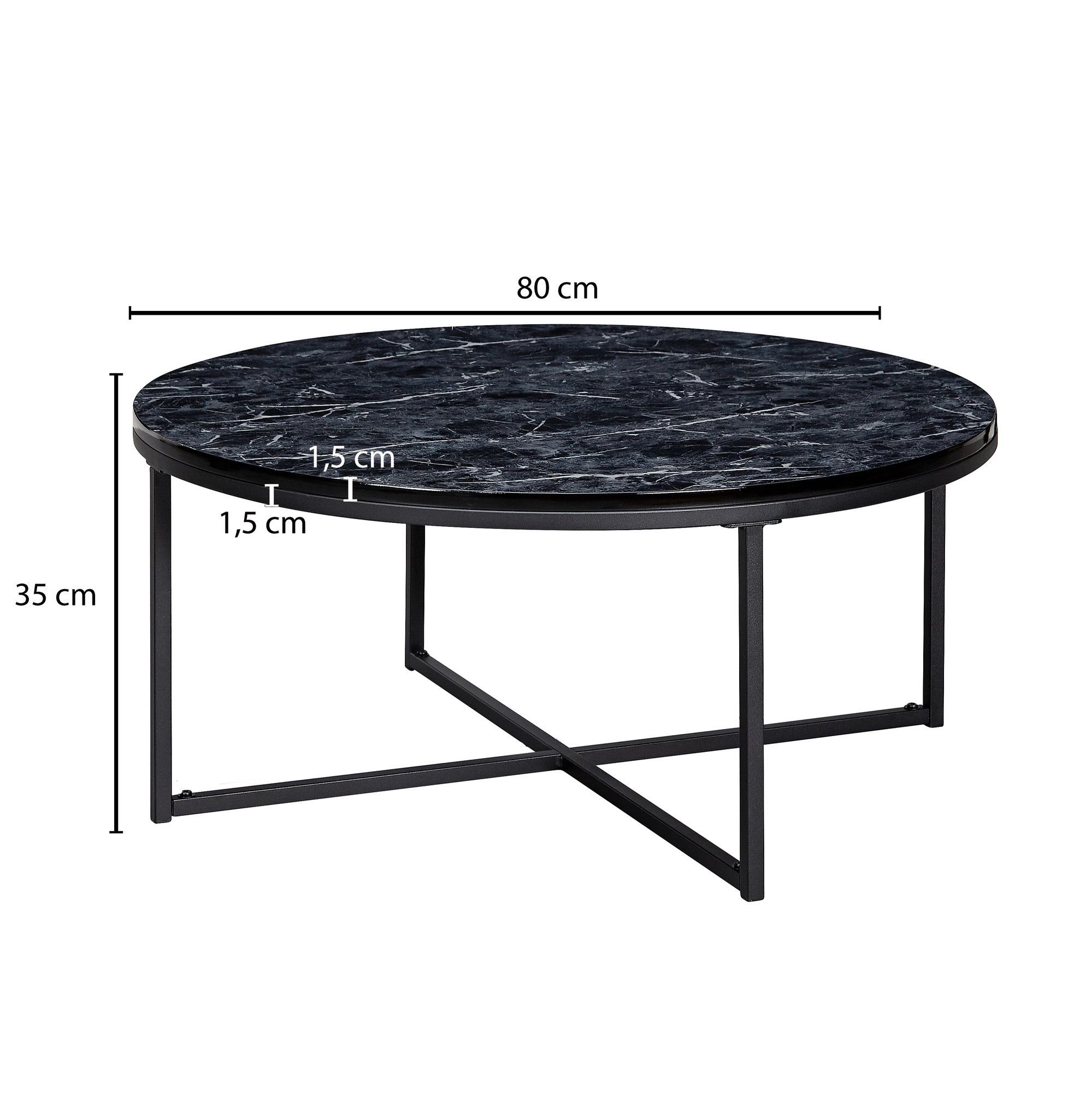 Wohnling Marmor Metall-Gestell, Optik Wohnzimmertisch Schwarz, mit Sofatisch Kaffeetisch Couchtisch WL6.247 (80x36x80 cm Rund),