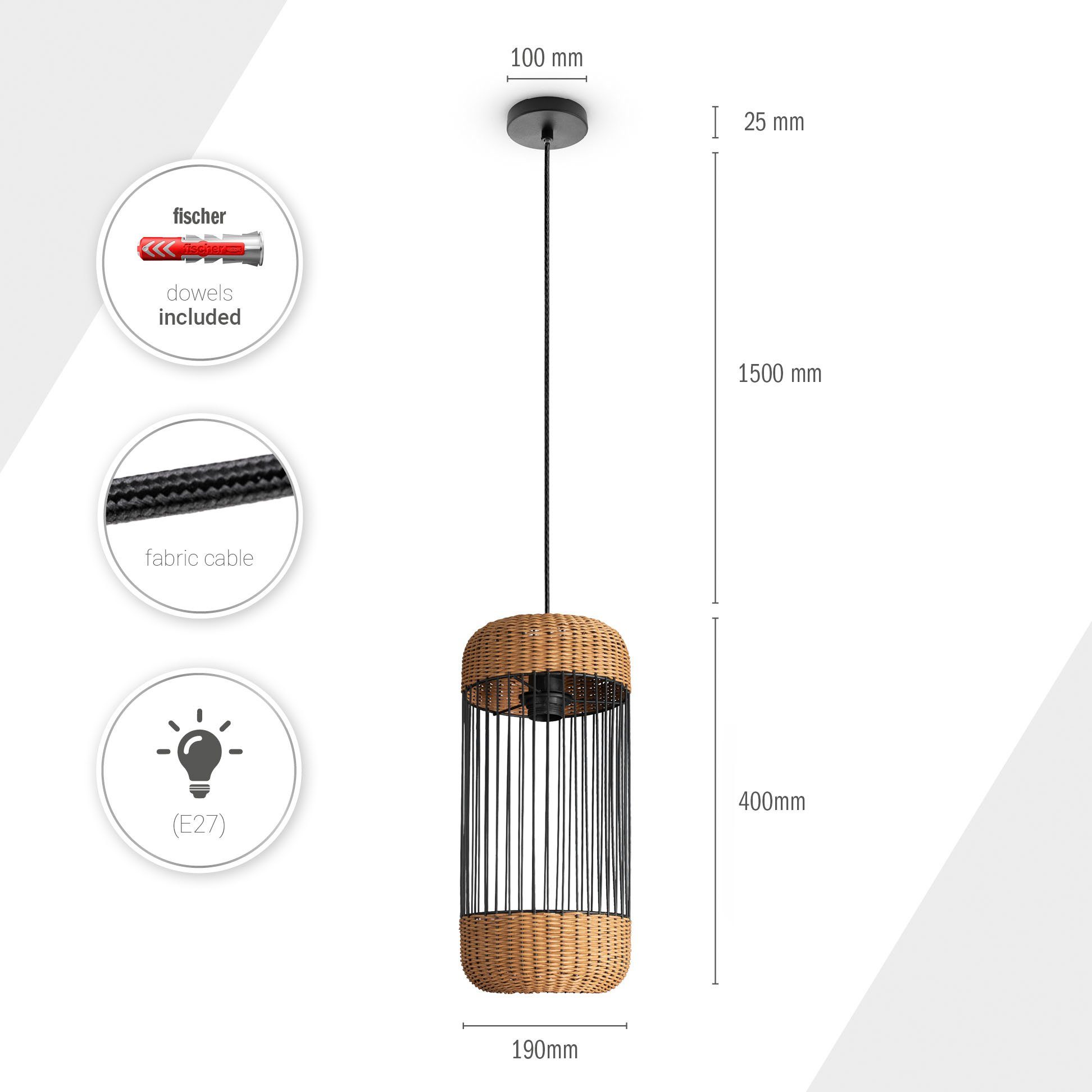 PUSTA, Paco ohne Rattan E27 Boho Pendelleuchte Esszimmer Lampe Home Zylinder Pendelleuchte Leuchtmittel, Rustikal