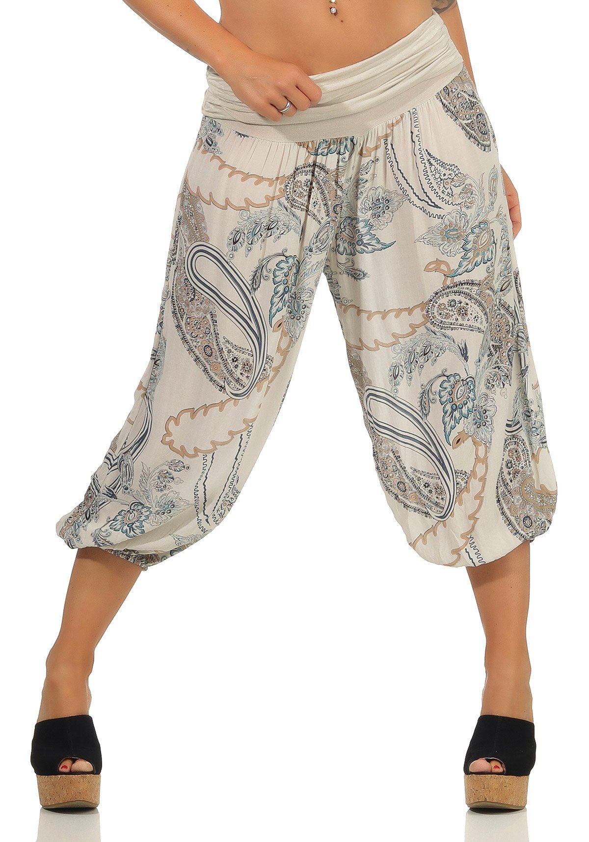 malito more than fashion Caprihose 7186 kurze Pluderhose mit Allover Print beige