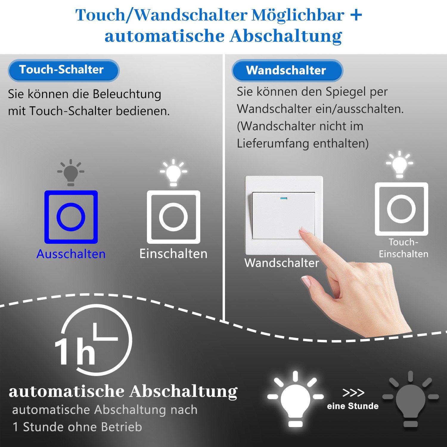 duschspa Badspiegel Kaltweß LED Beleuchtung Wandspiegel Hinterbeleuchtung 50-100cm, Touch/Wandschalter, 1 Stunde Abschaltung