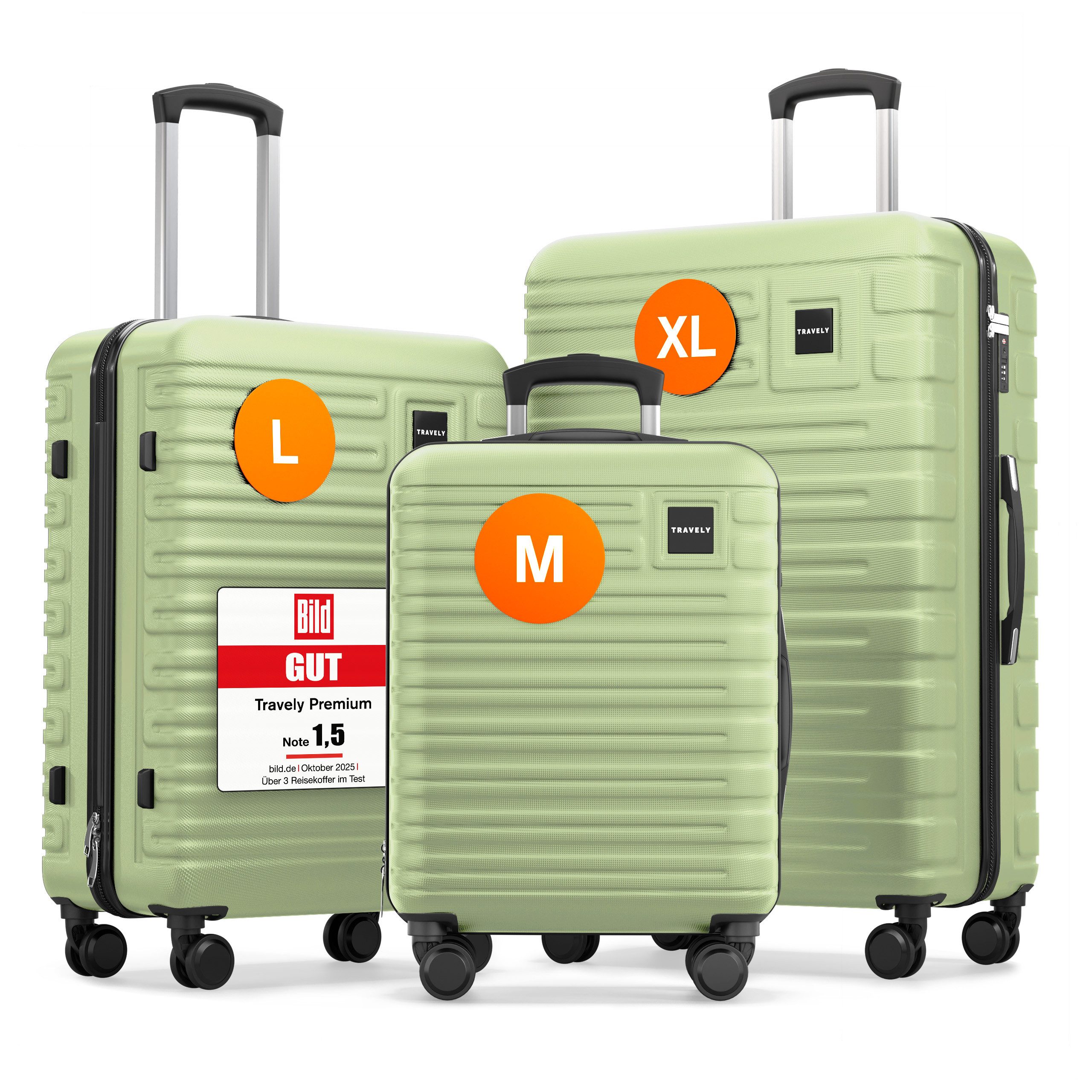 Travely Koffer Polycarbonat Koffer Set - 3 teiliges Kofferset, XL + L + M, 4 Rollen, Designed in Germany, austauschbare Griffe und Rollen