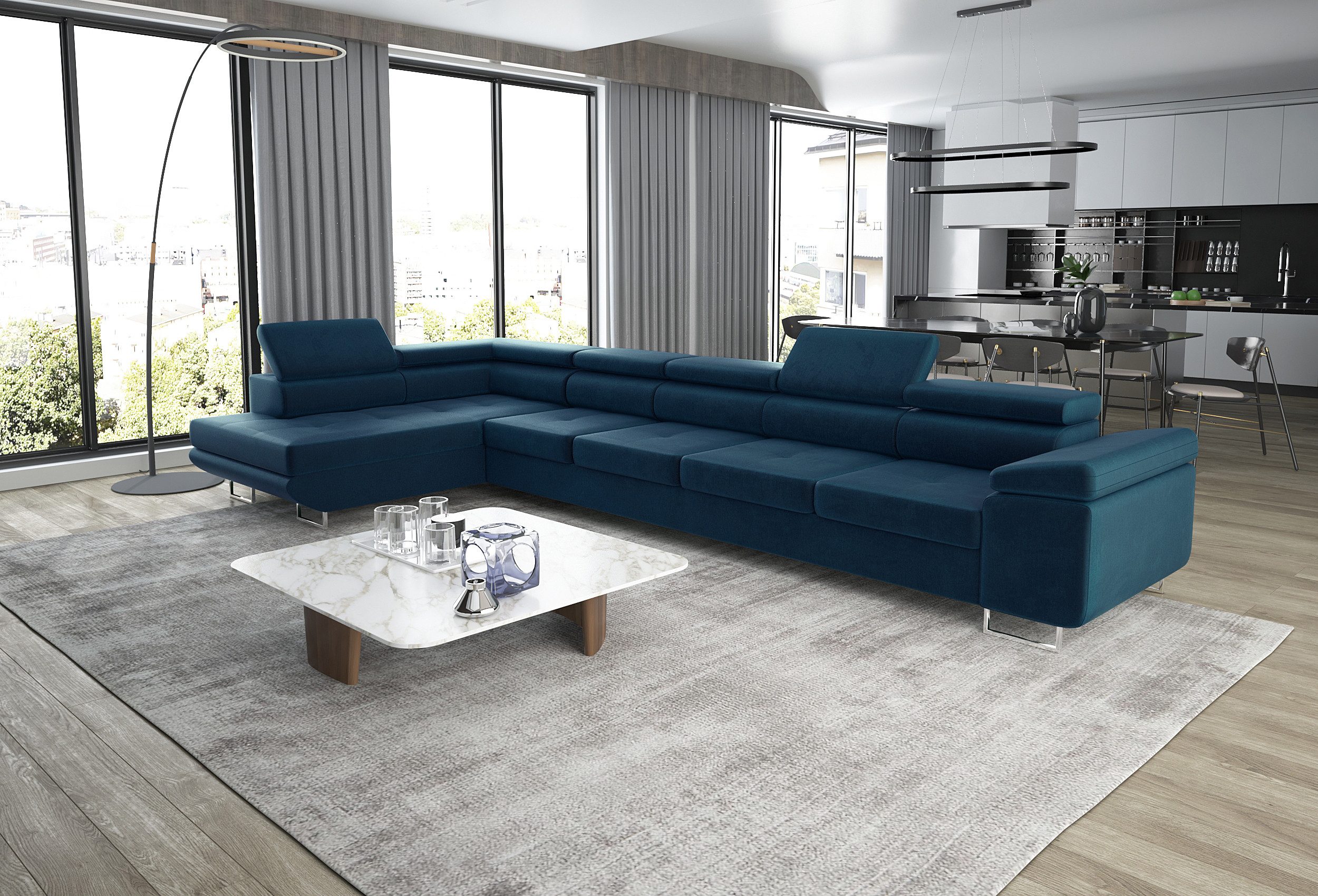 thematys Ecksofa ASTON MAXI 405 x 203cm mit Schlaffunktion & Bettkasten –, L-Sofa mit verstellbaren Kopfstützen, Samt (Monolith), U-Form, XL-Wohnlandschaft, 405 cm breit - Cord (Poso) oder