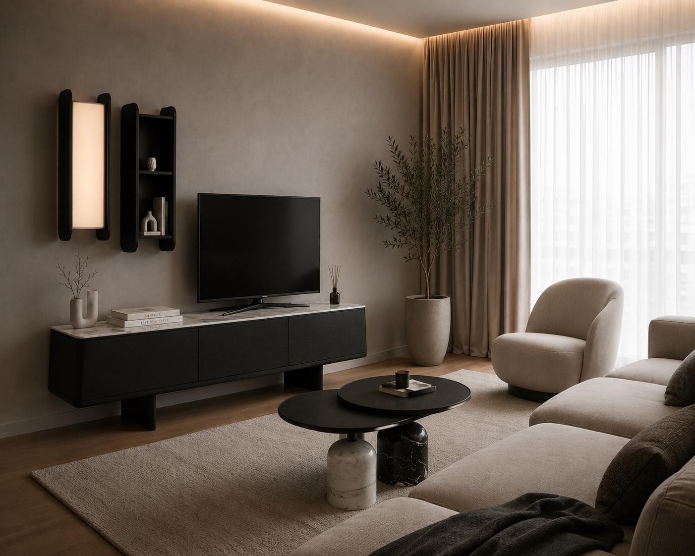 JVmoebel Beistelltisch Stilvolles Wohnzimmer-Set: TV-Wohnwand & Beistelltische (1-St., 1-tlg), Mit Regalen