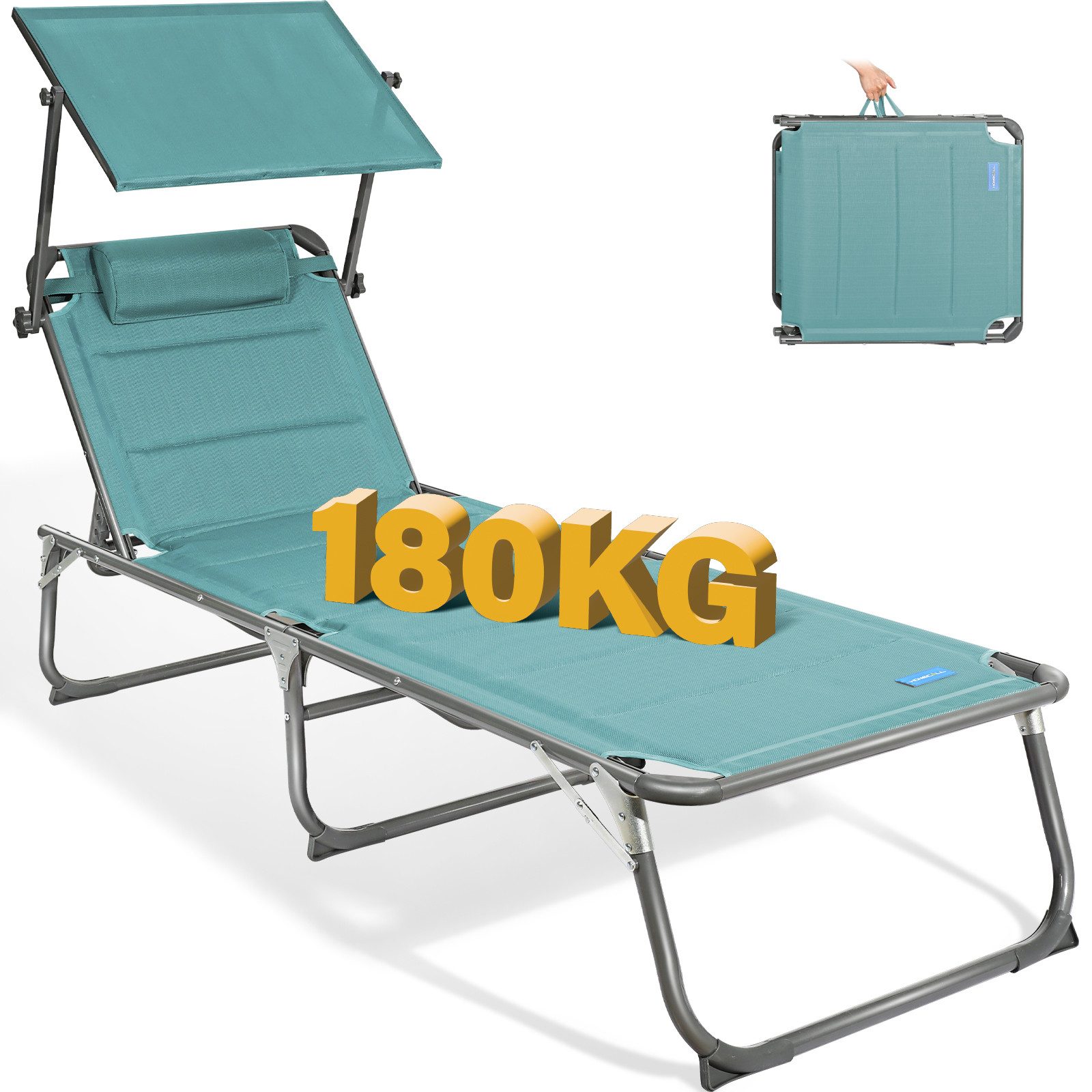 HOMECALL Gartenliege Sonnenliege AluLiege Liegestuhl Strandliege Liegen, klappbar, Textilene Mit Dickem Schwamm, Verstellbare Rückenlehne, Sonnenblende, Kopfpolster, bis 180KG