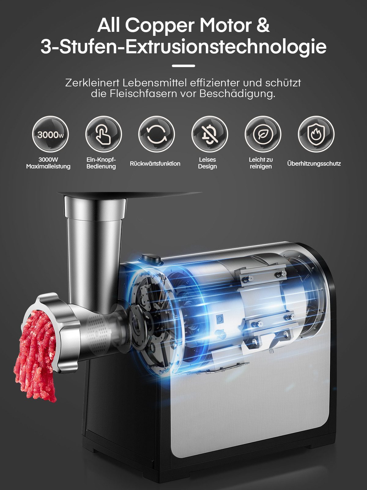 FOHERE Fleischwolf 3 in 1 Elektrischer Fleischwolf mit 3 Edelstahl-Schleifplatten, 3000 W, 1 Kubbe & 3 Wurstfüllrohren – perfekt für Rind, Huhn, Schwein, Wild