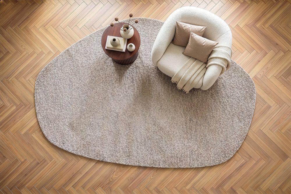 riess-ambiente Designteppich ORGANIC 230x160cm taupe - Hochflor, organische Form, weiche Haptik, unregelmäßig, Höhe: 30 mm, geeignet für Fußbodenheizungen – ideal für Wohn- & Schlafzimmer