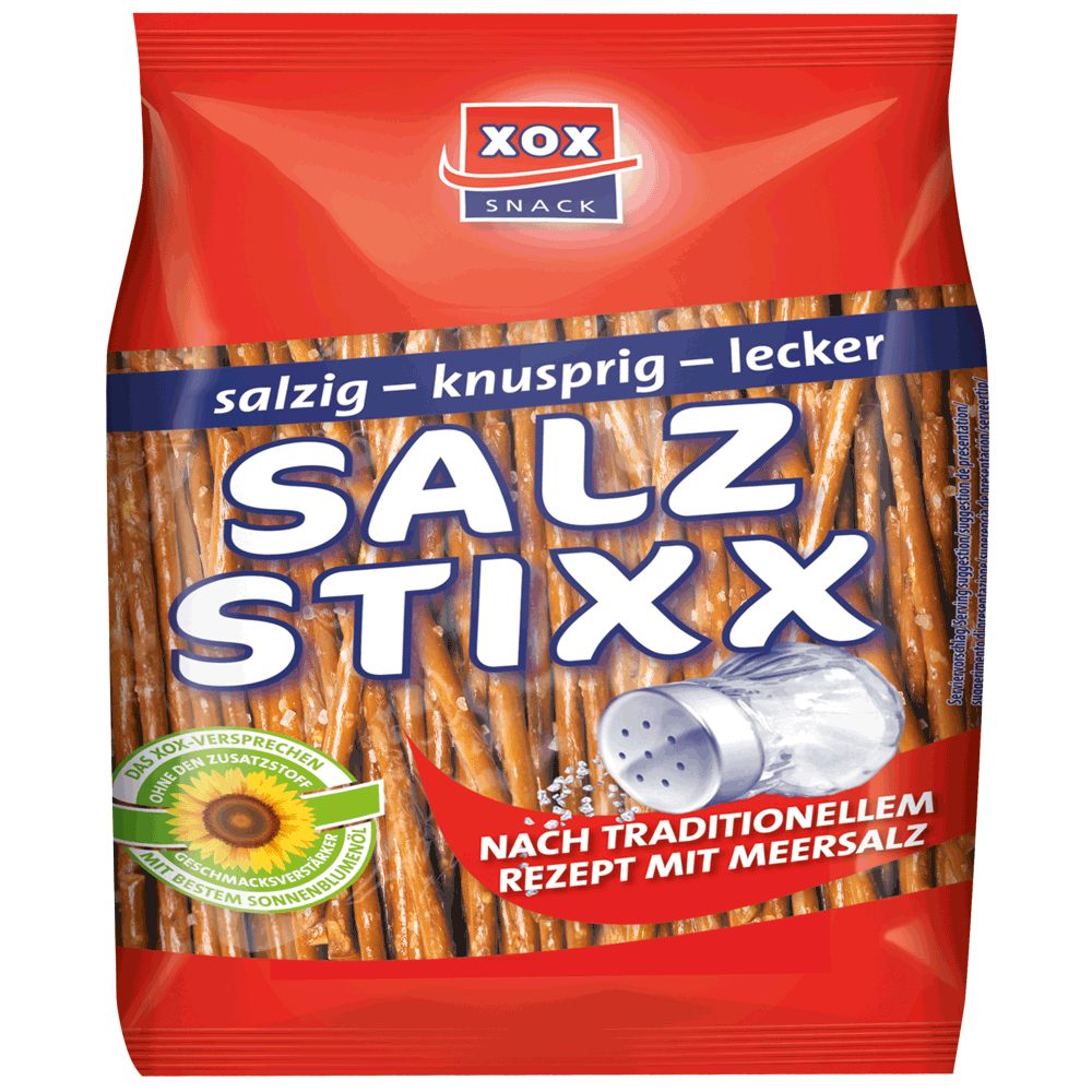 XOX Knabberei, XOX Salz Stixx Laugengebäck Stangen mit Meersalz knusprig 250g