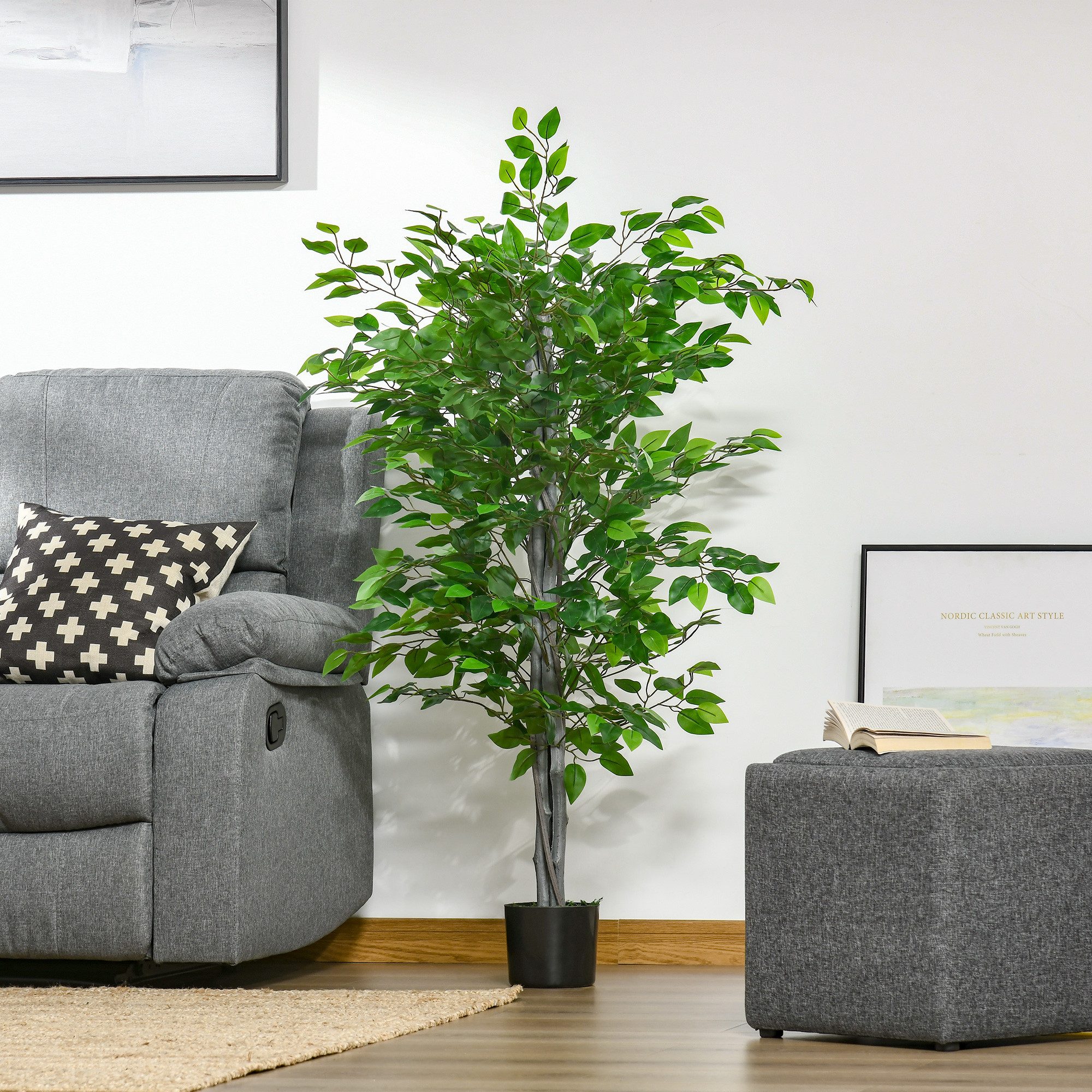Kunstpflanze Plastik Künstliche Pflanzen wie echt mit Zement Kunstgras Ficus-Baum, HOMCOM, Höhe 135 cm, Kunstbaum für Wohnzimmer, Schlafzimmer, Büro