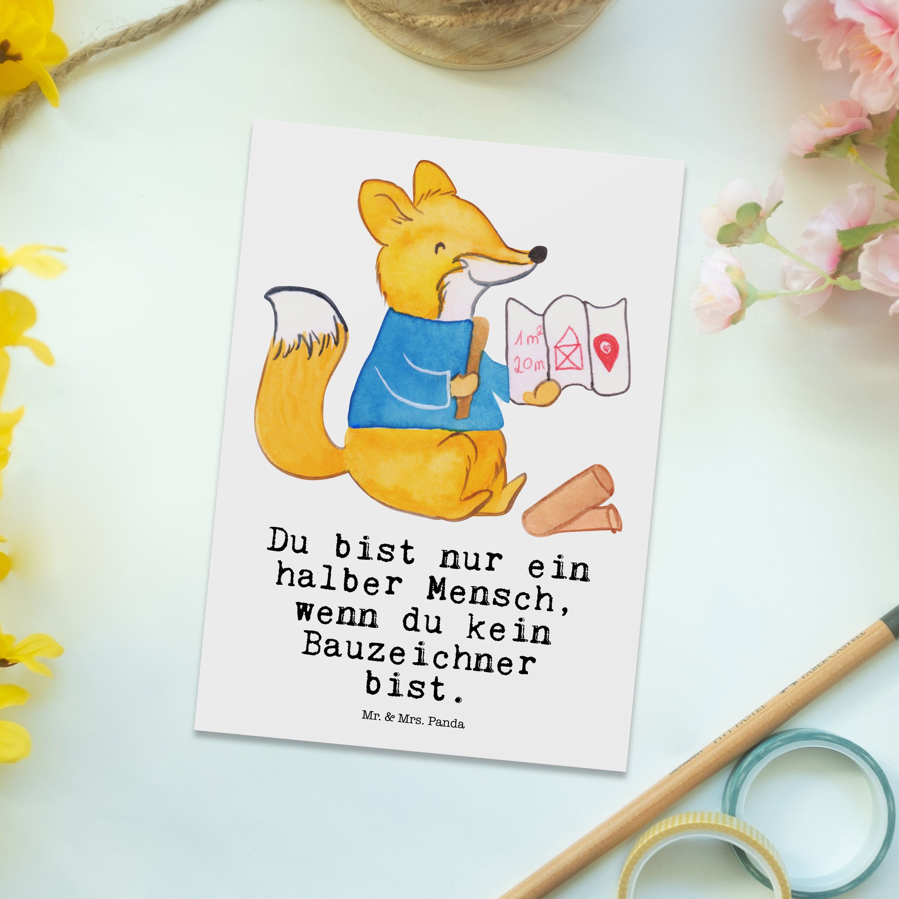Herz Bauzeichner Weiß Geburtstagskarte, - Beruf, Mr. Koll Mrs. Panda Geschenk, mit Postkarte & -