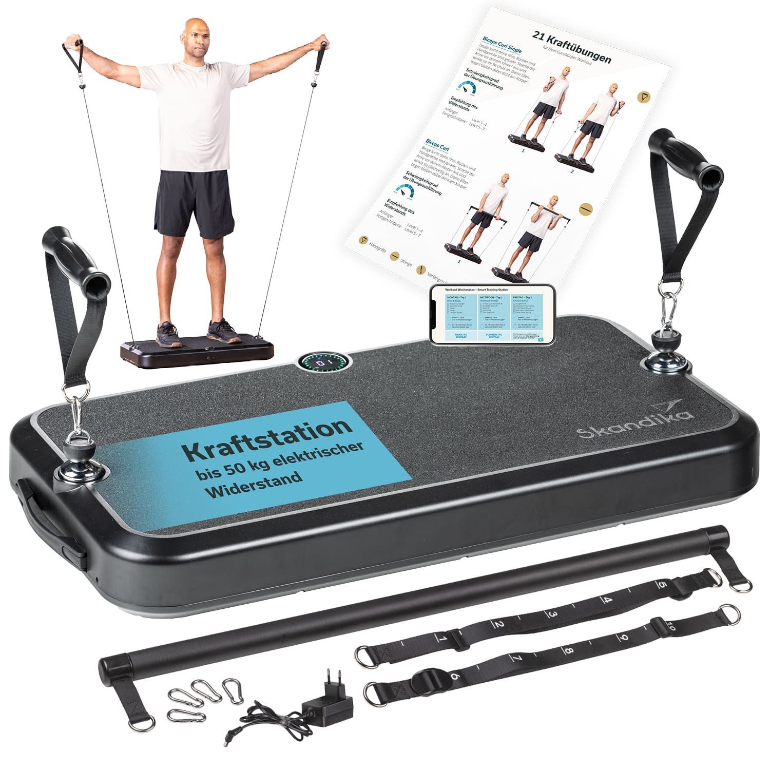 Skandika Vibrationsplatte Smart Training Station, Kraftstation, Fitnessgerät für Zuhause, (Widerstand/Kraft 25 kg pro Seite (max. 50 kg), Transportrollen), 50 kg Seilzug, Multifunktion Home-Gym Equipment, Ganzkörpertraining