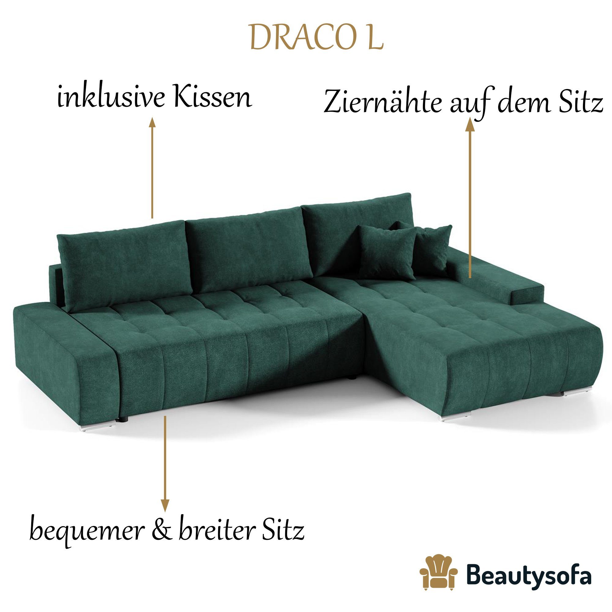 Schlaffunktion, Wohnzimmer Sofa Bettkasten Ecksofa mit Couch 27) DRACO Grün Ecksofa (aston Beautysofa