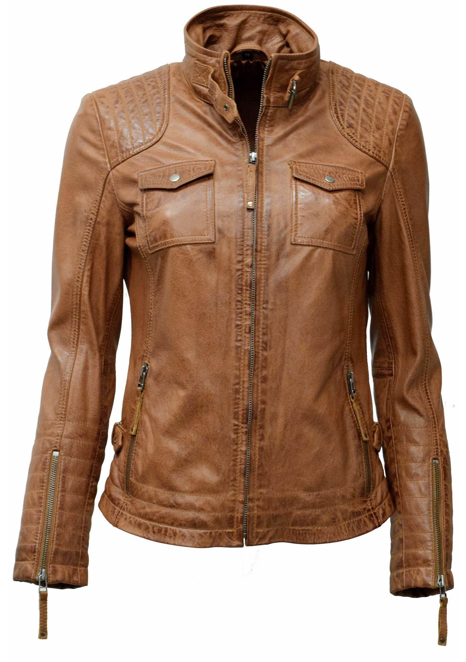 Zimmert Leather Lederjacke Emmy Lammnappa, sportliche Lederjacke, Brusttaschen, Cognac, Grün, Schwarz