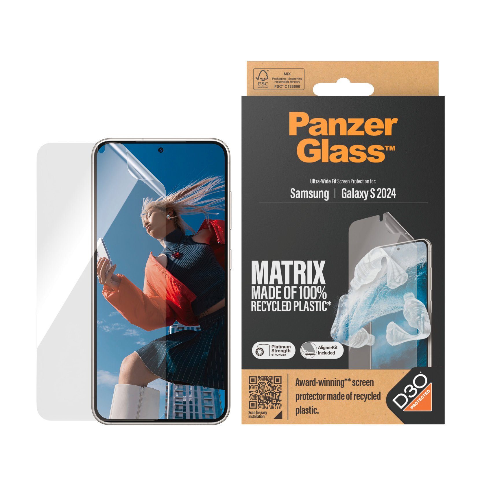 PanzerGlass Displayschutzfolie Matrix Ultra Wide Fit Screen Protector für Samsung Galaxy S24, Displayschutz, stoßfest, kratzbeständig