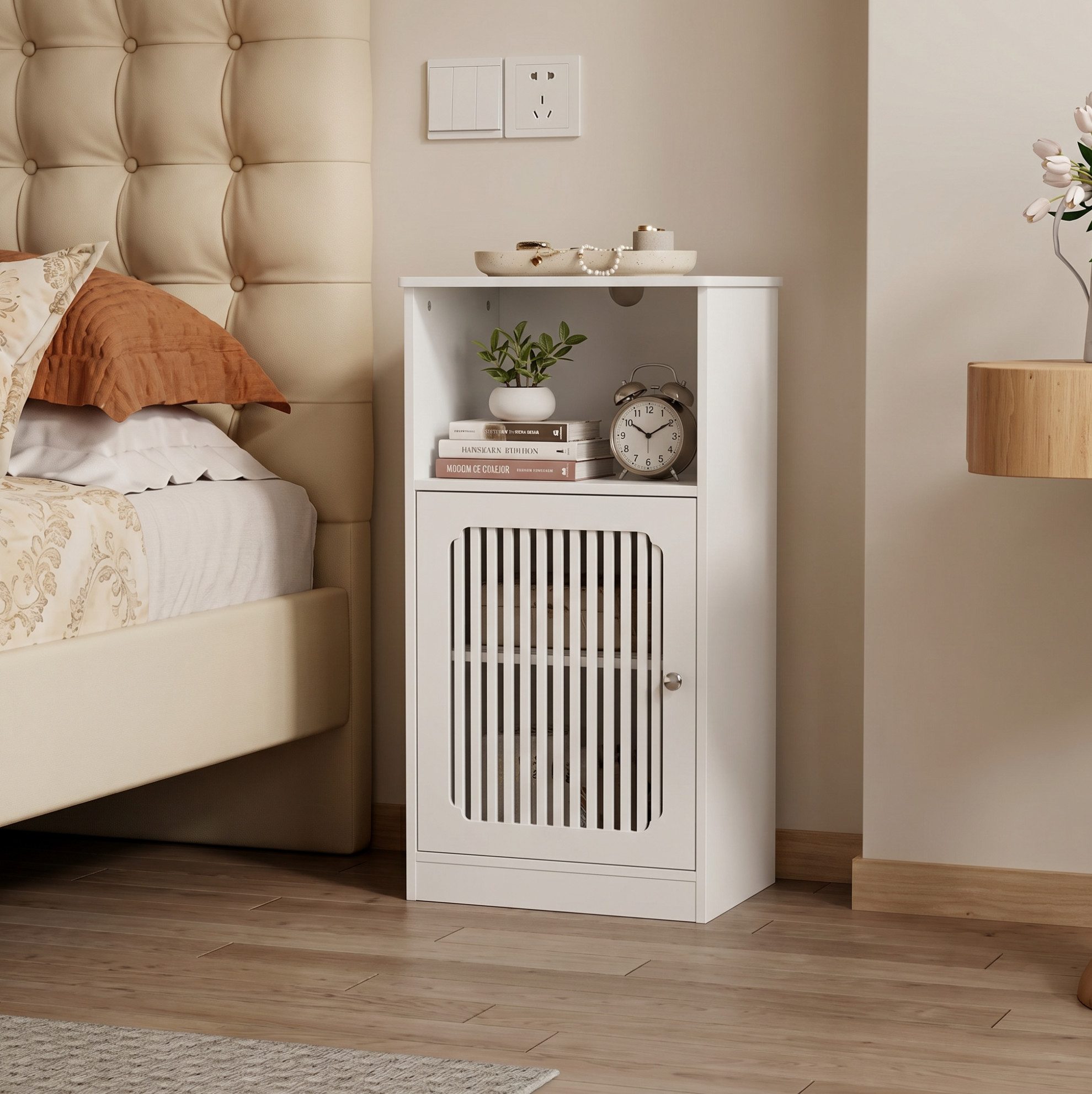 MODFU Badkommode Badschrank Weiß als stehendes Möbel mit Lamellentür Design (Packung, 1 St., Unterschrank Möbel mit Türen und praktischer Aufbewahrung), Badezimmermöbel mit mehrstöckigem Aufbau und Stauraum