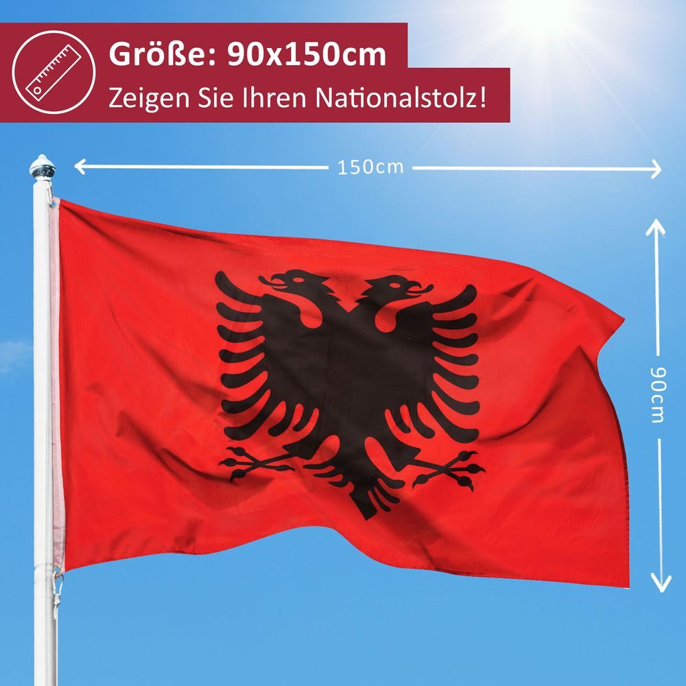 PHENO FLAGS Flagge Albanien Flagge 90 x 150 cm Albanische Fahne (Hissflagge für Fahnenmast), Inkl. 2 Messing Ösen