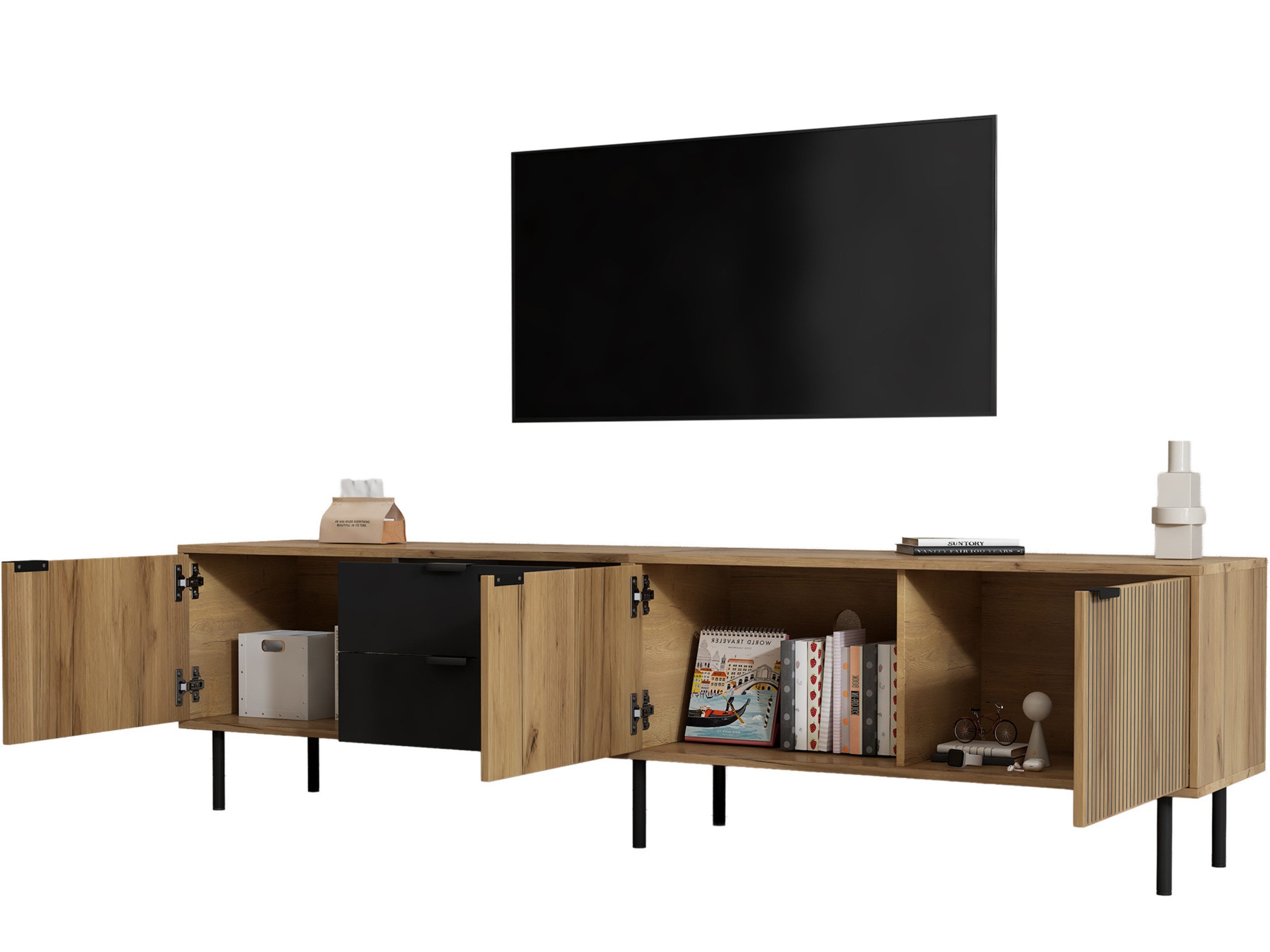 SeedWave Lowboard In Holzoptik 208cm TV-Schrank mit Geschlossenen Fächern & Schubladen, Fernsehtisch mit Kabeldurchführung, 15cm Bodenfreiheit