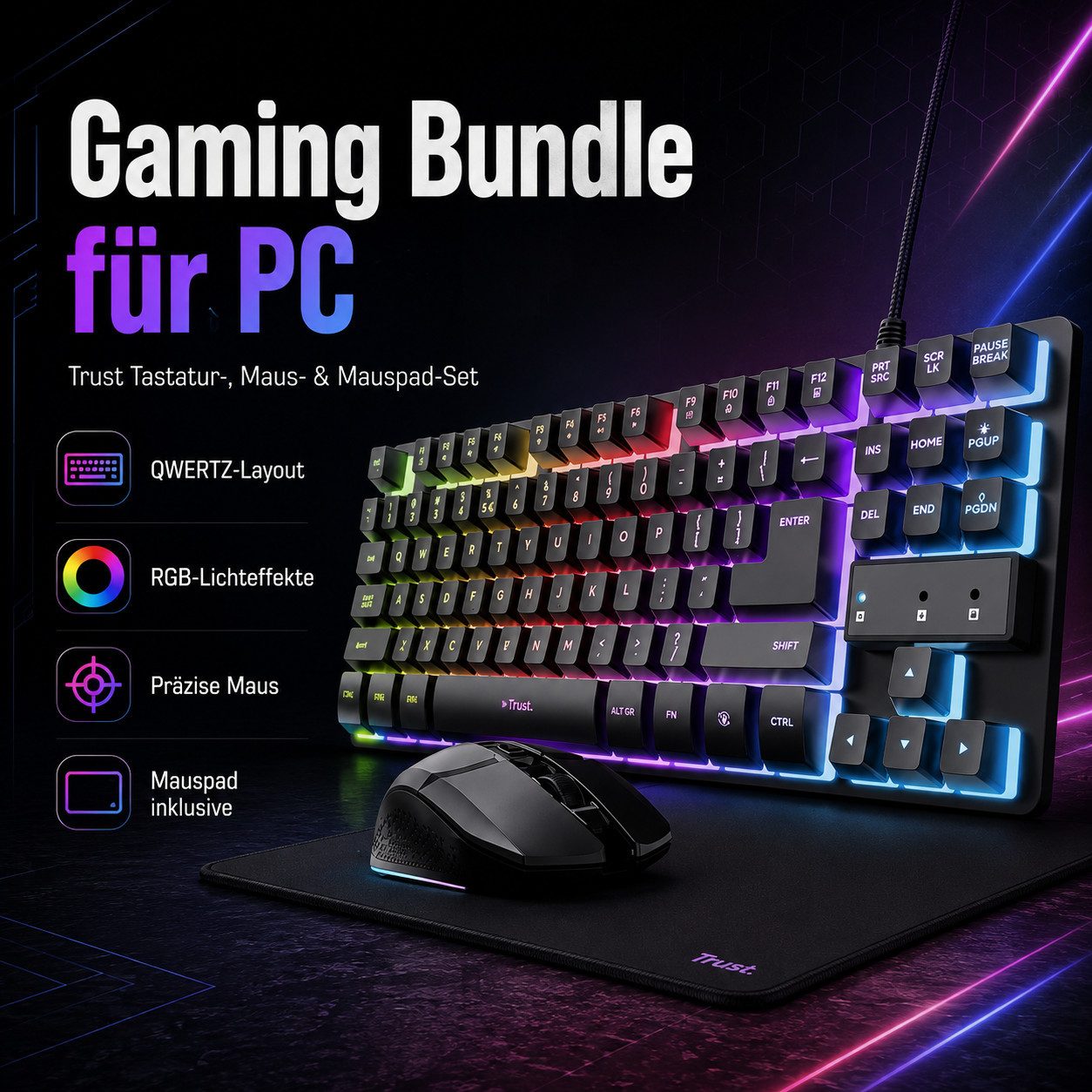Trust Gaming Set Tastatur Maus Mauspad DE Layout QWERTZ Gaming Bundle PC Set PC-Tastatur (LED QWERTZ Tastatur Keyboard Gamer Set Equipment) – Bild 4 von 5