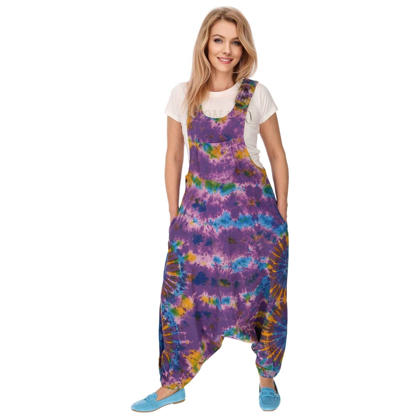 Latzhose UND Jumpsuit Psy / KUNST Dye Lila Batik Tie Bunt Haremshose 70er Boho MAGIE Purple Hose Latzhose