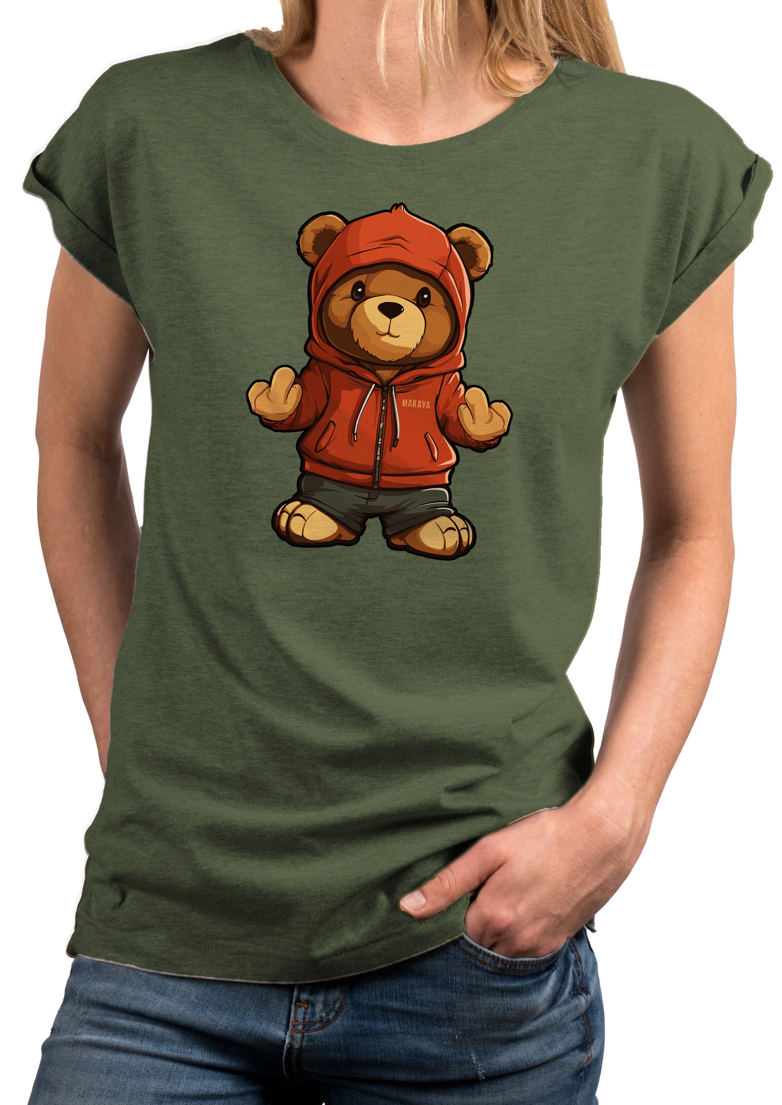MAKAYA Print-Shirt Damen Kurzarm Teddybär coole lustige freche sexy Sommer Tops Teddy, Motiv Grün