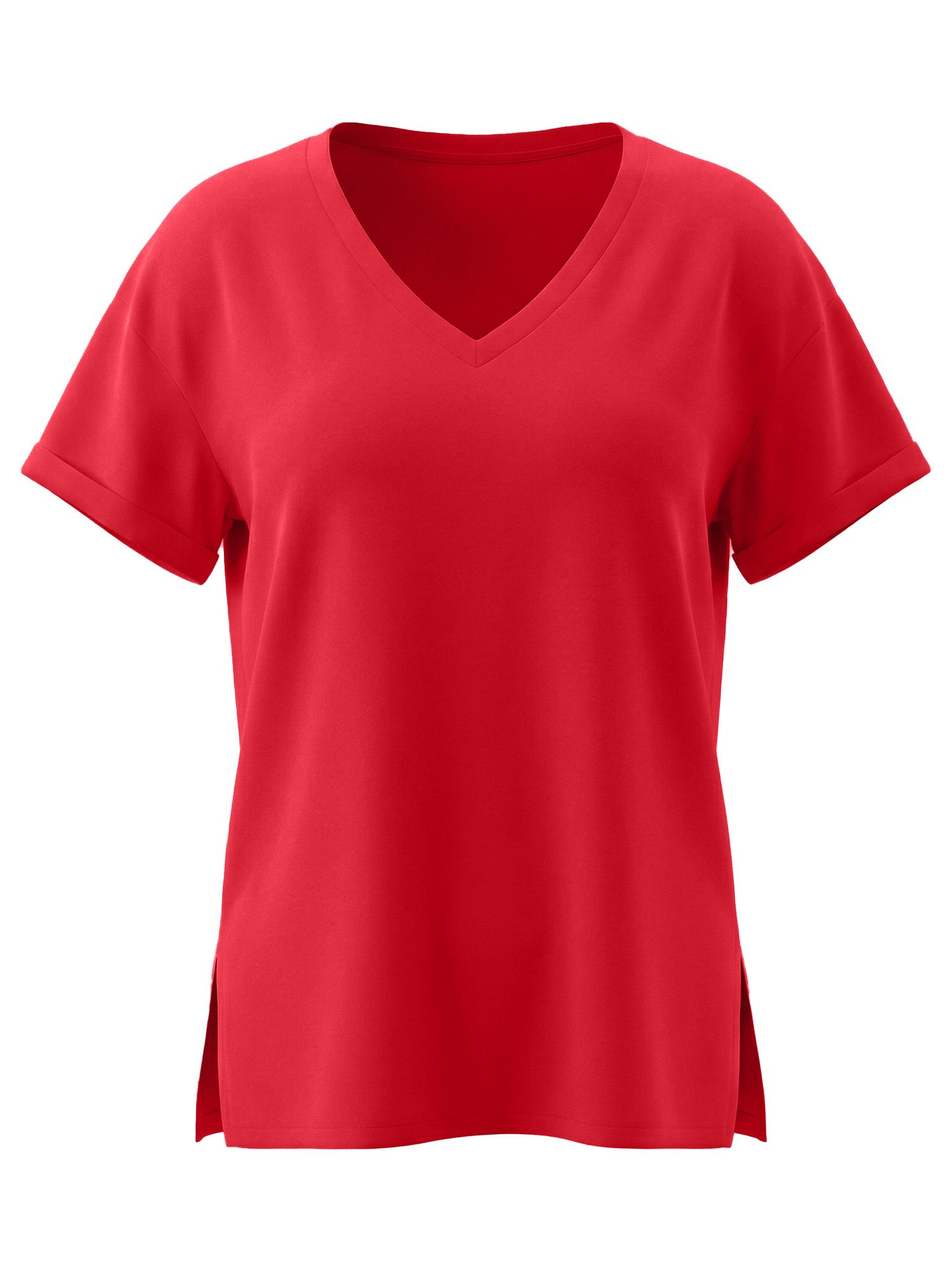 T-Shirt Damen Lockerer V-Ausschnitt mit gerollten Ärmeln und Seitenschlitzen