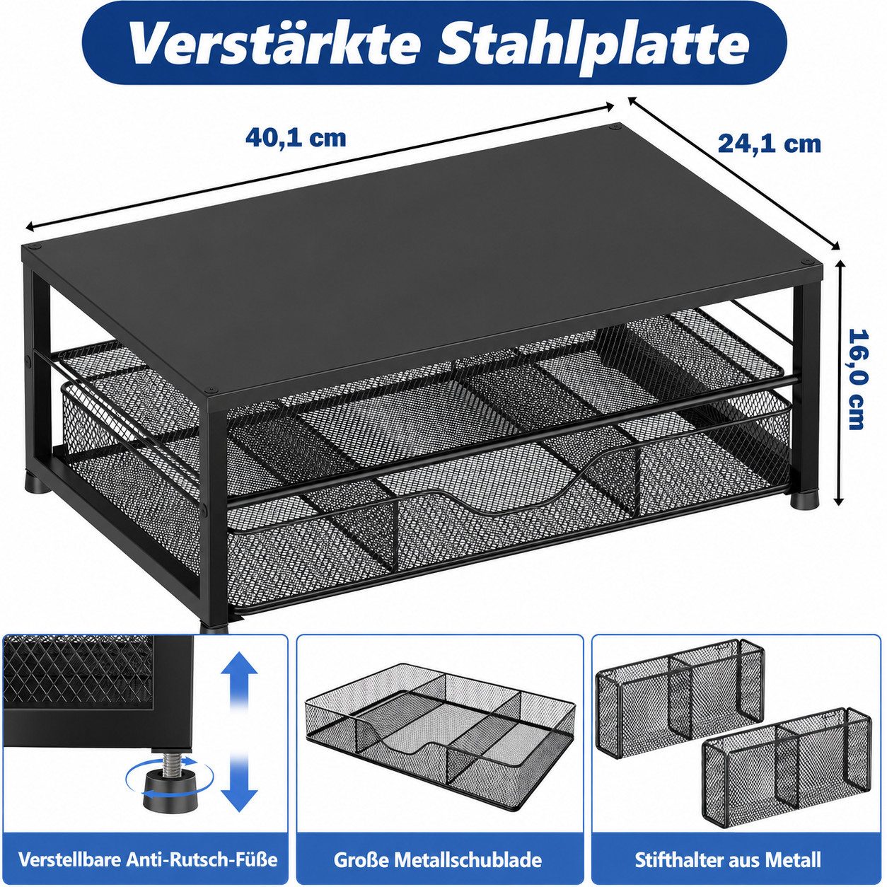 SURFOU Monitorständer für PC & Laptop, Metall mit Schublade, (1 x Monitor- & Druckerständer, 1 x Montageanleitung, Schreibtisch-Organizer mit 2 Stifthaltern, bis 20 kg belastbar)