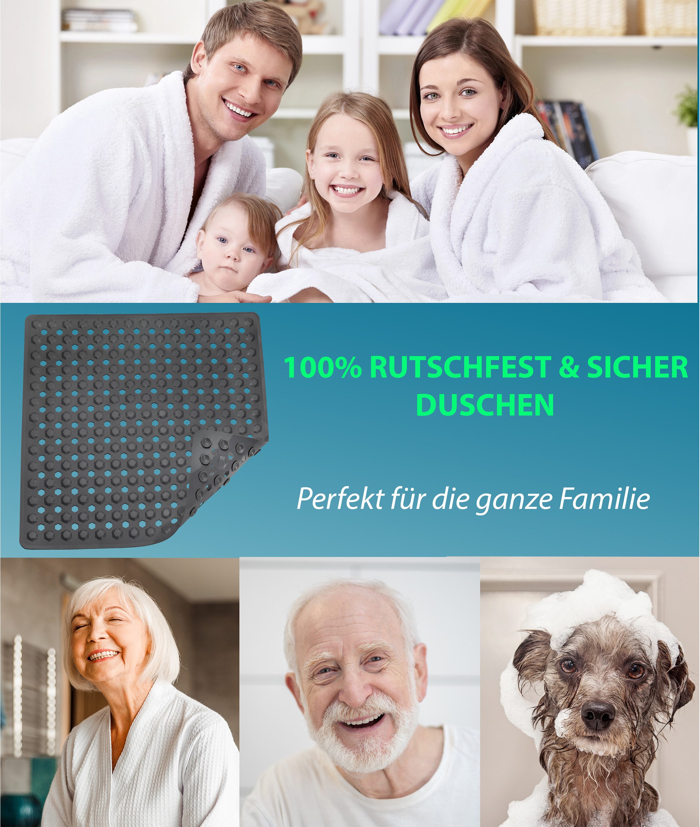 Blumbach Duschmatte - griffige Antirutschmatte Diamant 53 x 53 cm, - 100% BPA-frei, inkl. 2 Haken zum Aufhängen, Duscheinlage, schimmelressisten & maschinenwasc – Bild 5 von 5