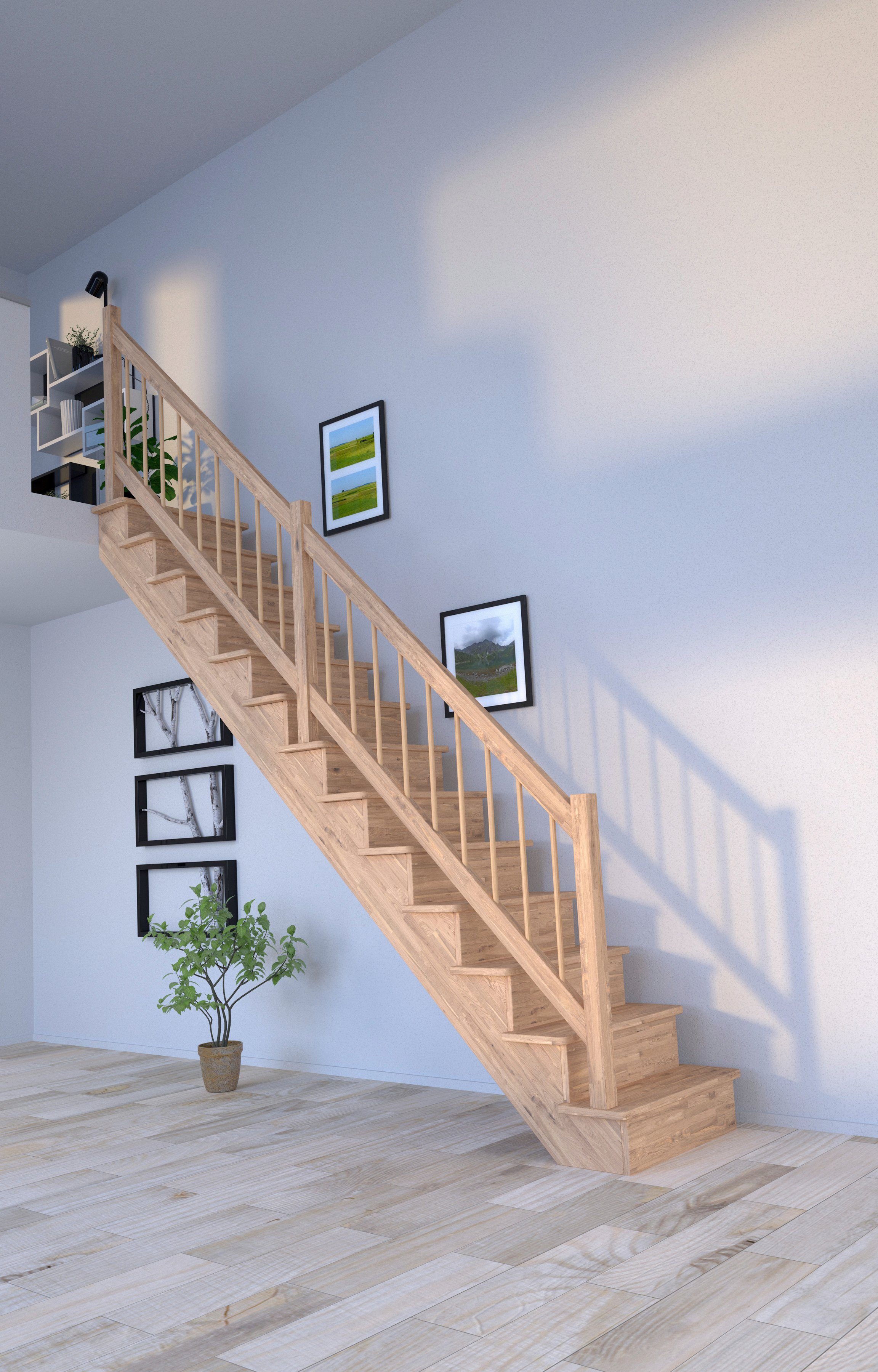 Starwood Systemtreppe Massivholz Lindos, Holz-Holz Design Geländer, für Geschosshöhen bis 300 cm, Stufen geschlossen, Durchgehende Wangenteile
