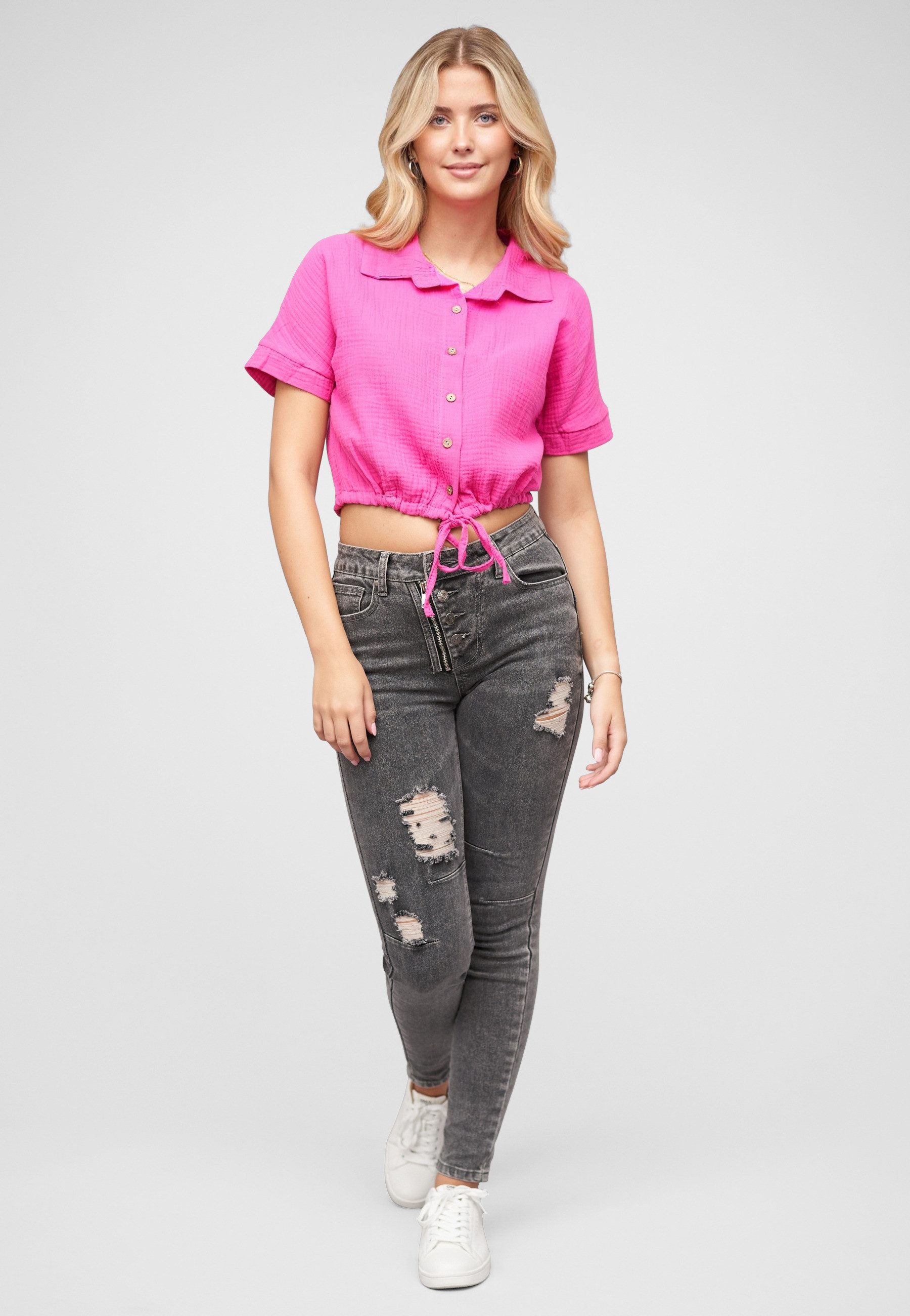 CLOUD 5IVE Klassische Bluse CLOUD 5IVE Cropped Baumwoll Bluse mit Knopfleiste & Tunnelzug