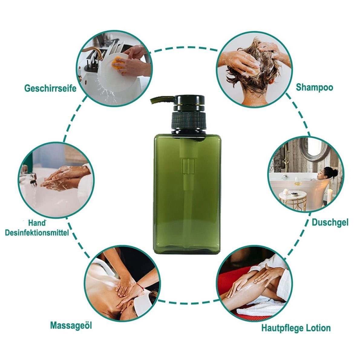 Seifenspender Dusch-Shampoo,Spülung,Kunststoff Grün Jormftte mit Pumpe,für Seifenspender-Flasche