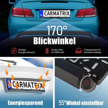 CARMATRIX Solar 2 Rückfahrkamera (Auto Funk Video Solar Rückfahrsystem Nummernschild Kennzeichenhalter, mit 2 PDC Sensoren, Einparkhilfe mit Rückfahrkamera zum nachrüsten)