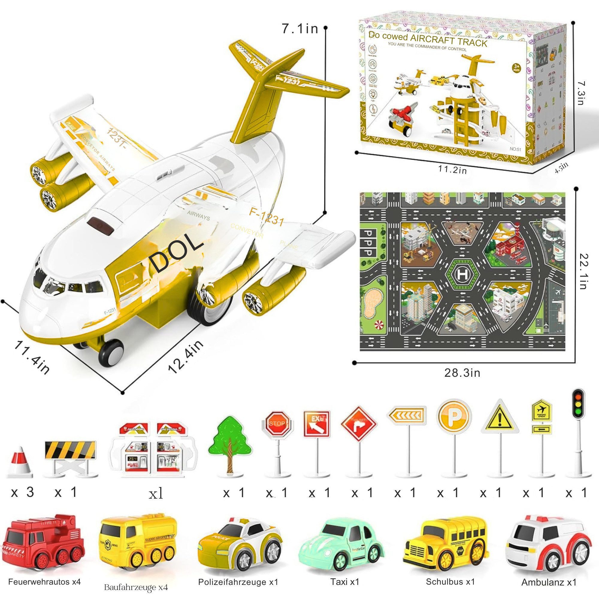 Vivitar Spielzeug-Flugzeug mit 12 Stadtautos & Rennstrecke Rennbahn Auto Spielzeug für Kinder, (Das beste Geschenk für Kinder ab 3 Jahren, Fahrzeug- und Flugzeugspielzeugset, komfortable & einzigartige Aktivität Spielmatte genug für 2-4 Spieler)