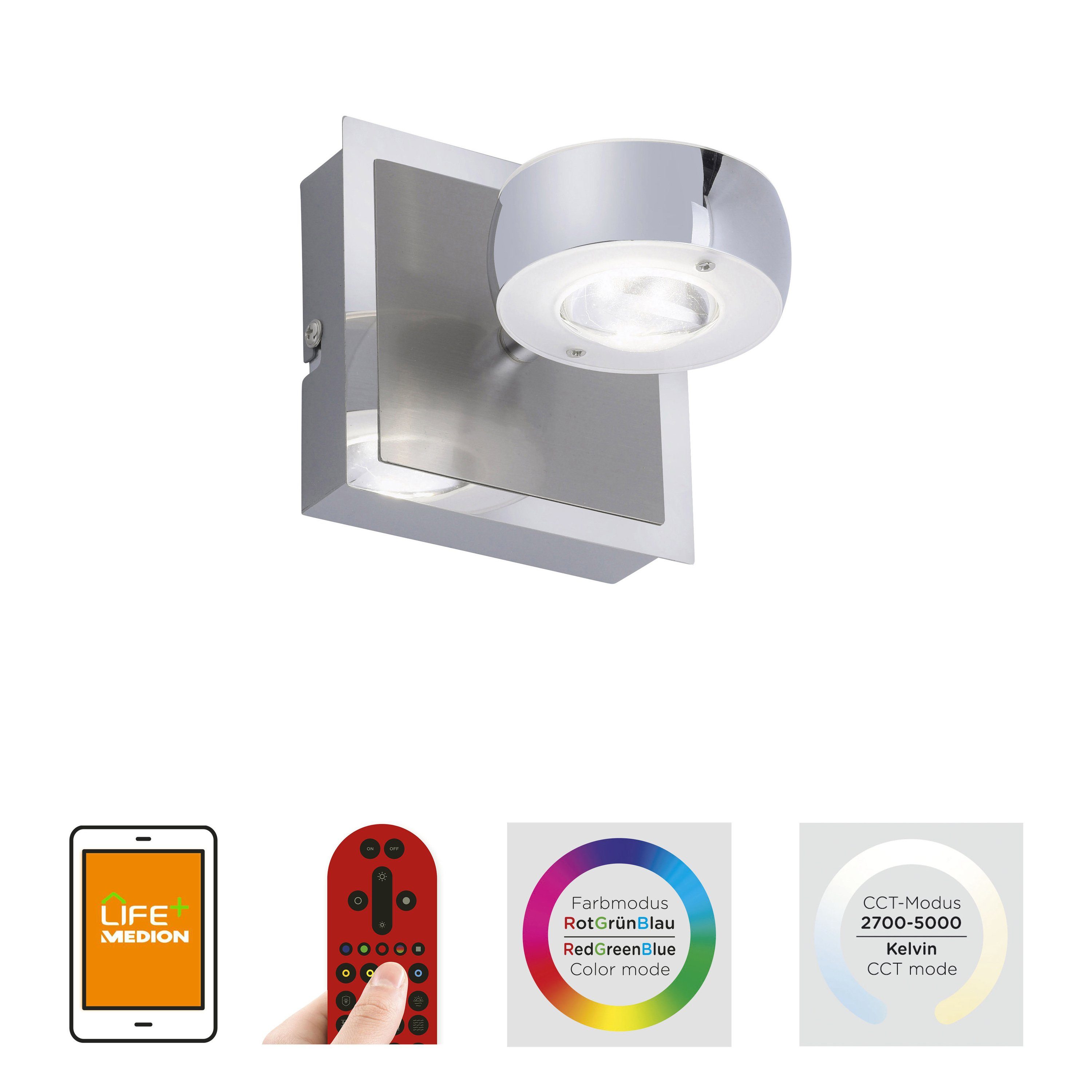 LeuchtenDirekt Smarte LED-Leuchte LED Wandlampe LOLAsmart - OPTI, Smart Home, CCT-Farbtemperaturregelung, RGB- Farbwechselfunktion, Dimmfunktion, Memoryfunktion, App steuerbar Fernbedienung RGB CCT Spot drehbar