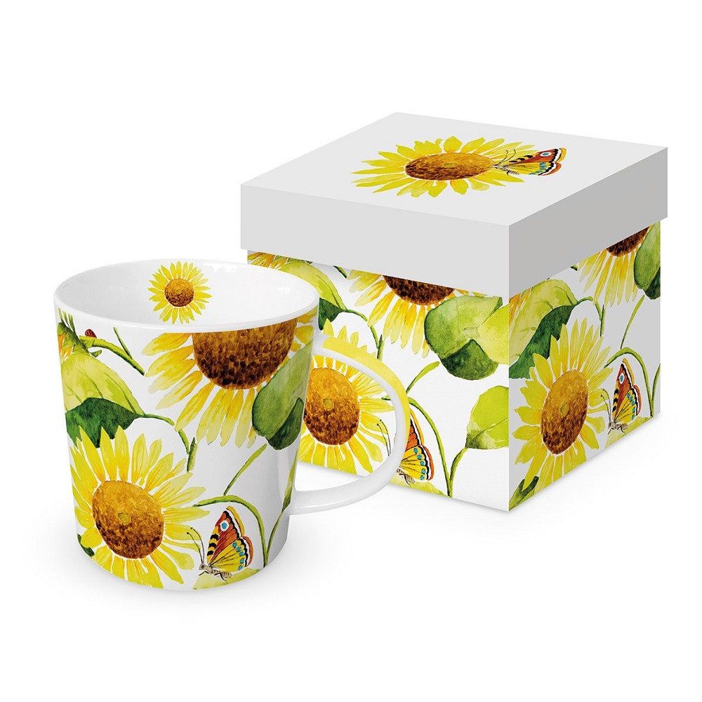 PPD Becher PPD, Mug, Herbst, Winter, Frühling, Sommer, Alltag Kollektion, Porzellan Tasse, Blumen, Sonnenblumen, Schmetterling -Trendbecher, Henkelbecher, Motiv : Blumen, Pflanzen, Tiere, Liebe, Sprüche, Geschenke