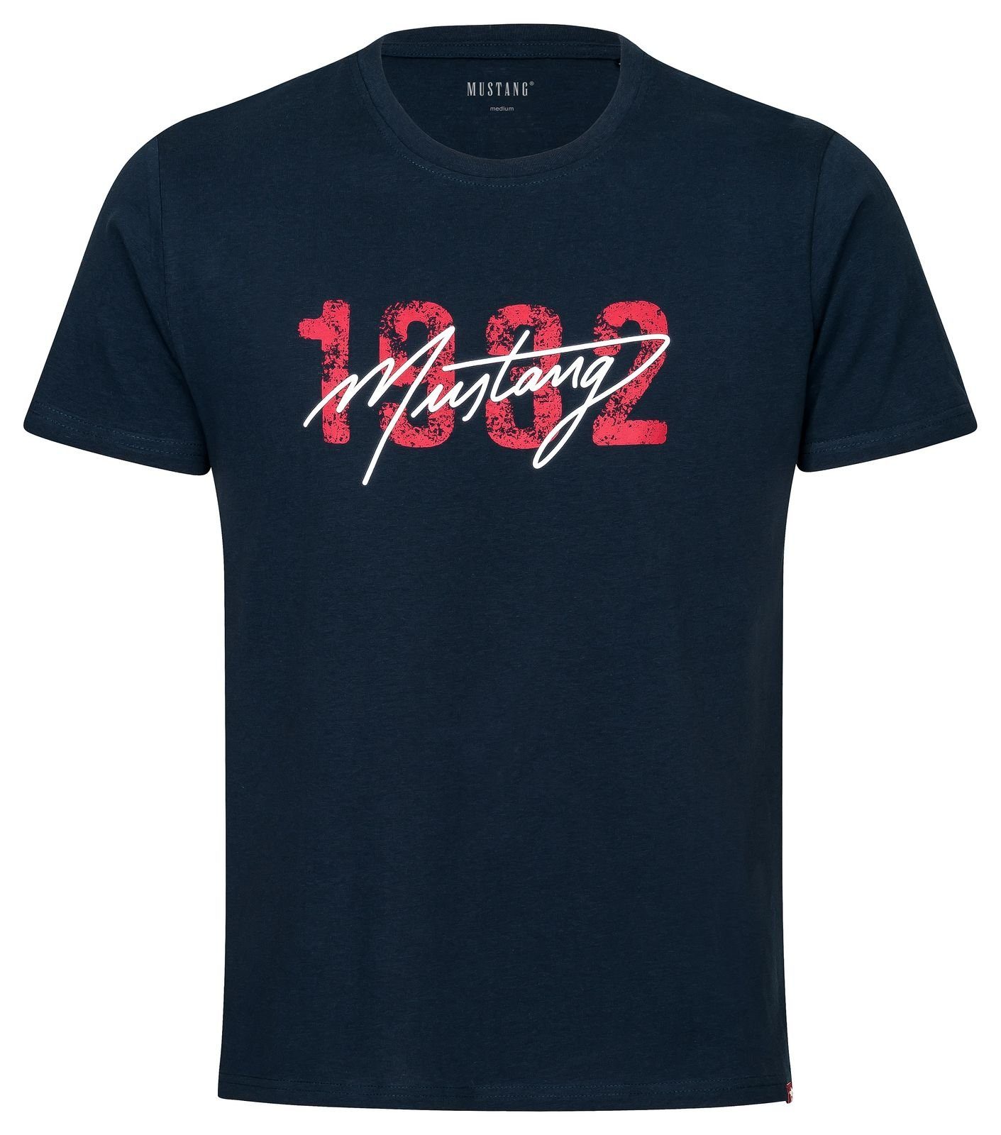 MUSTANG T-Shirt Lounge Shirt Hemd T-Shirt rotem Kontraststreifen und Mustangbranding Navy
