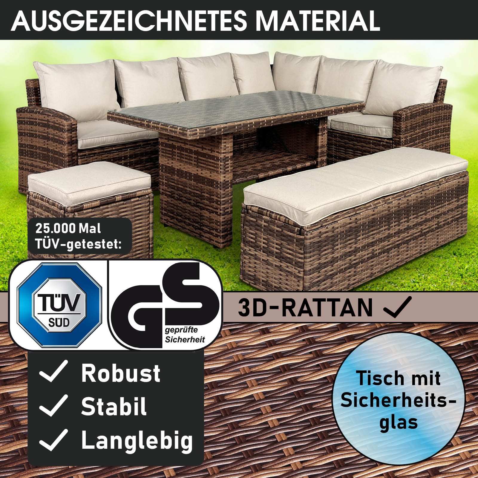 BRAST Garten-Essgruppe ECO bis zu 9 Personen viele Farben inkl. extra Dicke Kissen, TÜV geprüft Outdoor Loungemöbel Sitzgruppe Essgruppe Garnitur