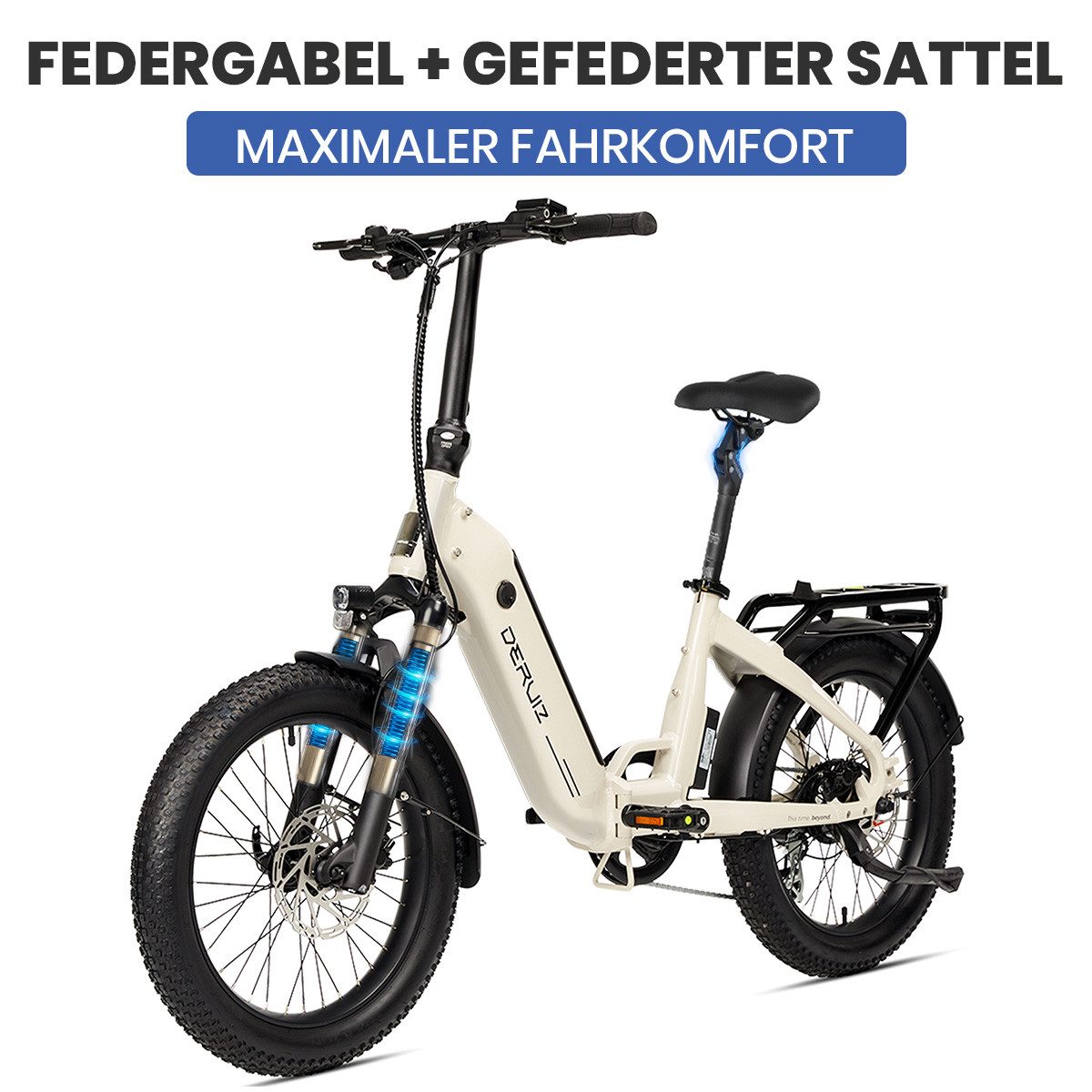 DERUIZ E-Bike Klapprad Peridot 20 Zoll, 55-Nm-Heckmotor, 500 Wh, bis 140 km, 8 Gang SHIMANO SHIMANO ALTUS 11-32T Schaltwerk, Kettenschaltung, Heckmotor, 500 Wh, (mit Akku-Ladegerät, mit Werkzeug), 60-mm-SUNTOUR-Federgabel, Federsattelstütze, 3,0-Zoll-Reifen