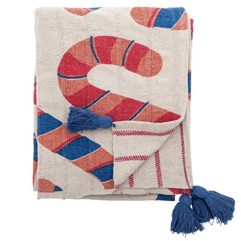 Wohndecke Bloomingville Decke CANDICE mit Zuckerstangen Blaue Quasten 160x130 cm, Bloomingville