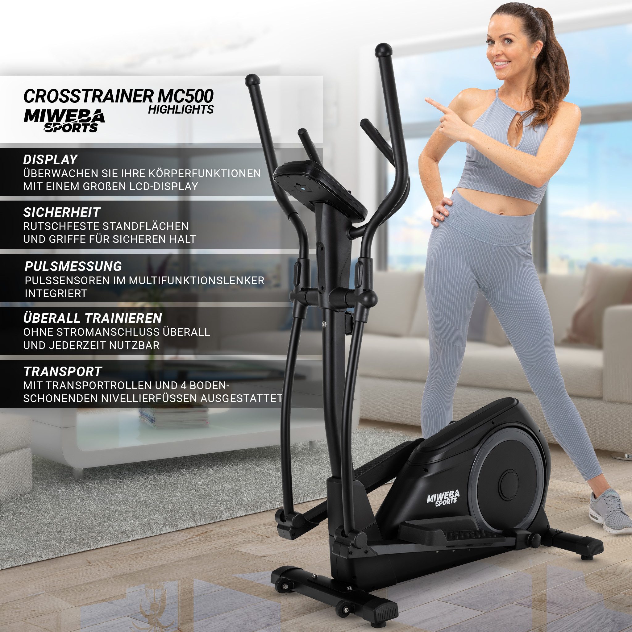 Miweba Sports Crosstrainer MC500 Heimtrainer (Crosstrainer für zu Hause leise, Ellipsentrainer, Heimtrainer, Stepper, Fitnessgerät, Heimtrainer, Crosstrainer, Ellipsentrainer), Heimtrainer mit Pulsmessung