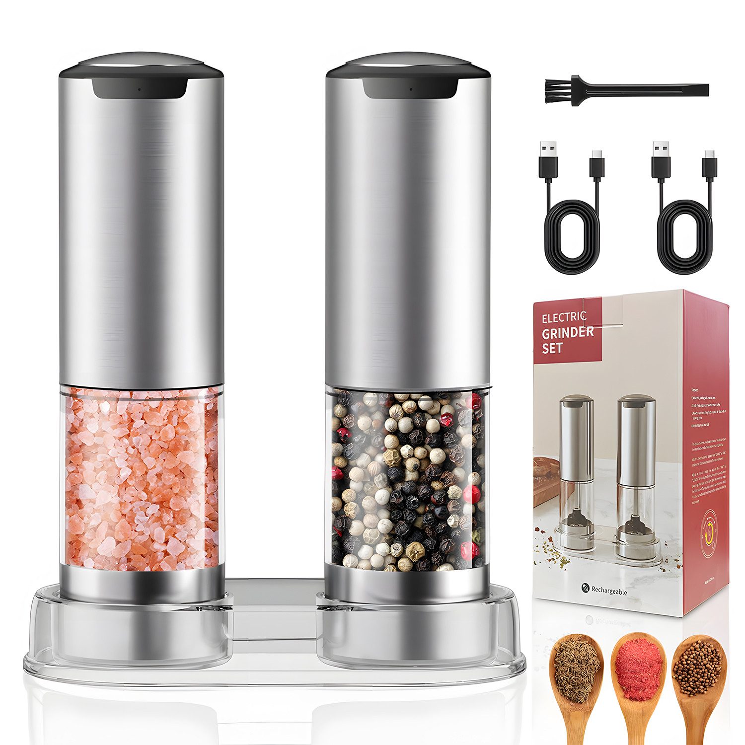 AKKEE Salz-/Pfeffermühle Elektrische Salzmühle & Pfeffermühle, 2er Set, LED-Beleuchtung, Pfeffermühle Elektrisch mit USB Aufladbar
