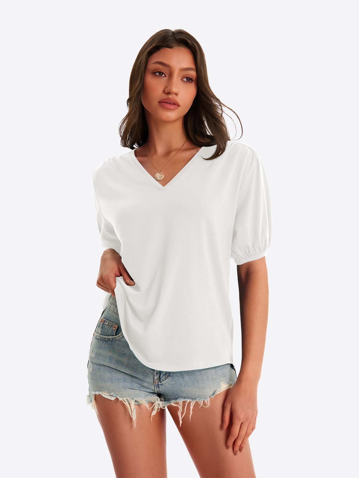 Imily Bela T-Shirt Damen Puffbluse mit V-Ausschnitt (Packung, 1-tlg., 1per-Pack) Bogensaum – Bild 4 von 5