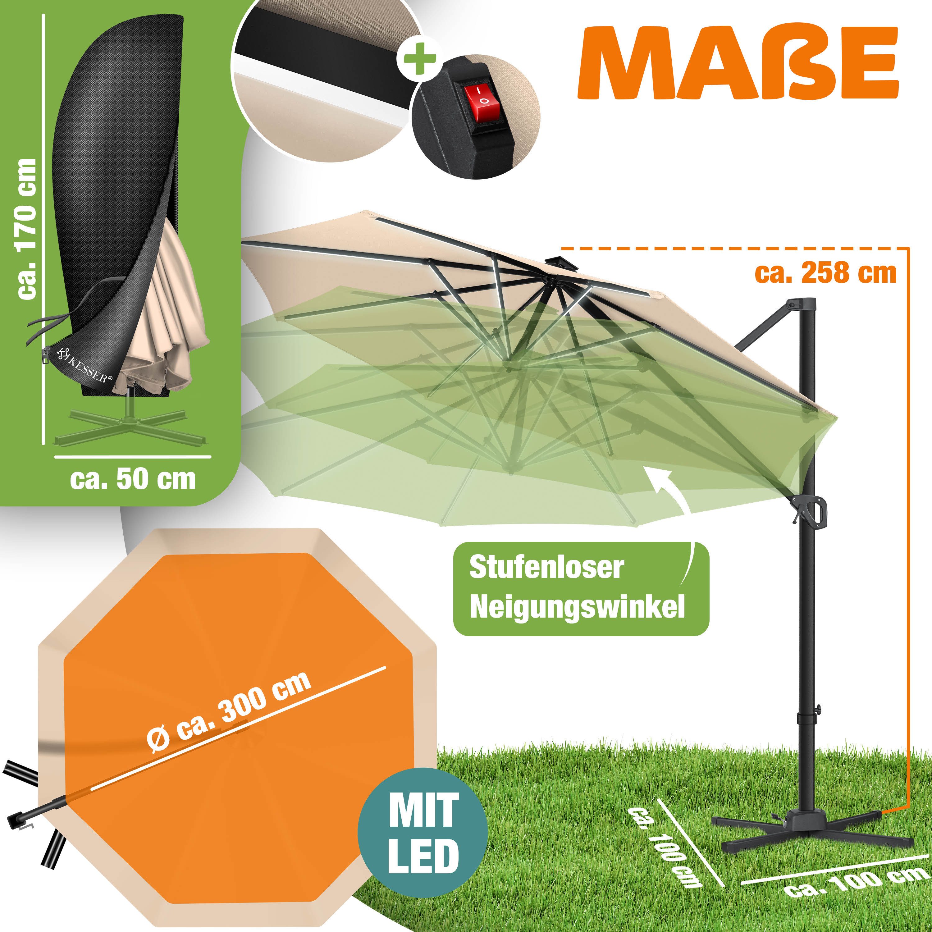 KESSER Ampelschirm, Sonnenschirm SUN Rund XL Ø330 cm 360° Drehbar inkl. Abdeckung