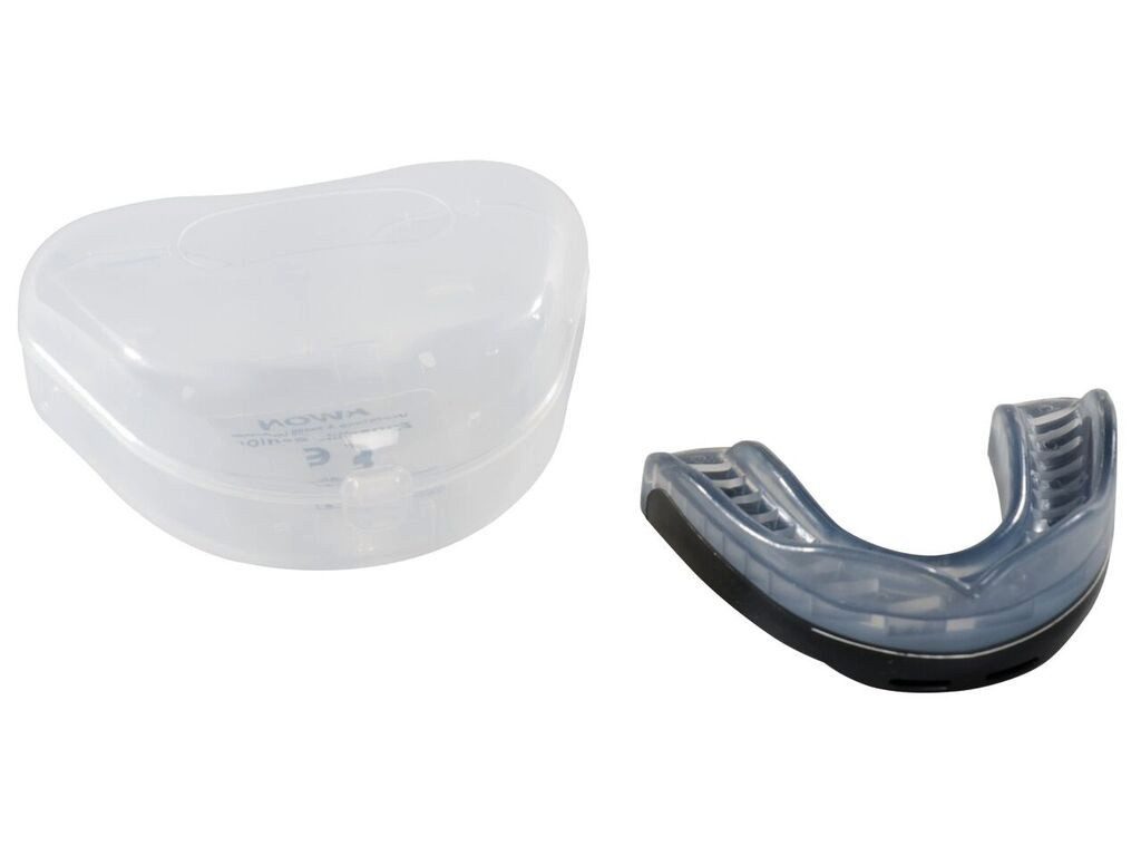 KWON Zahnschutz 2 Schichten Profi Performance mit Box Sport Mundschutz Vollkontakt (Für die obere Zahnreihe, Stück mit Dose), Zweifarbig schwarz/silber, Belüftungsschlitz, Senior und Junior