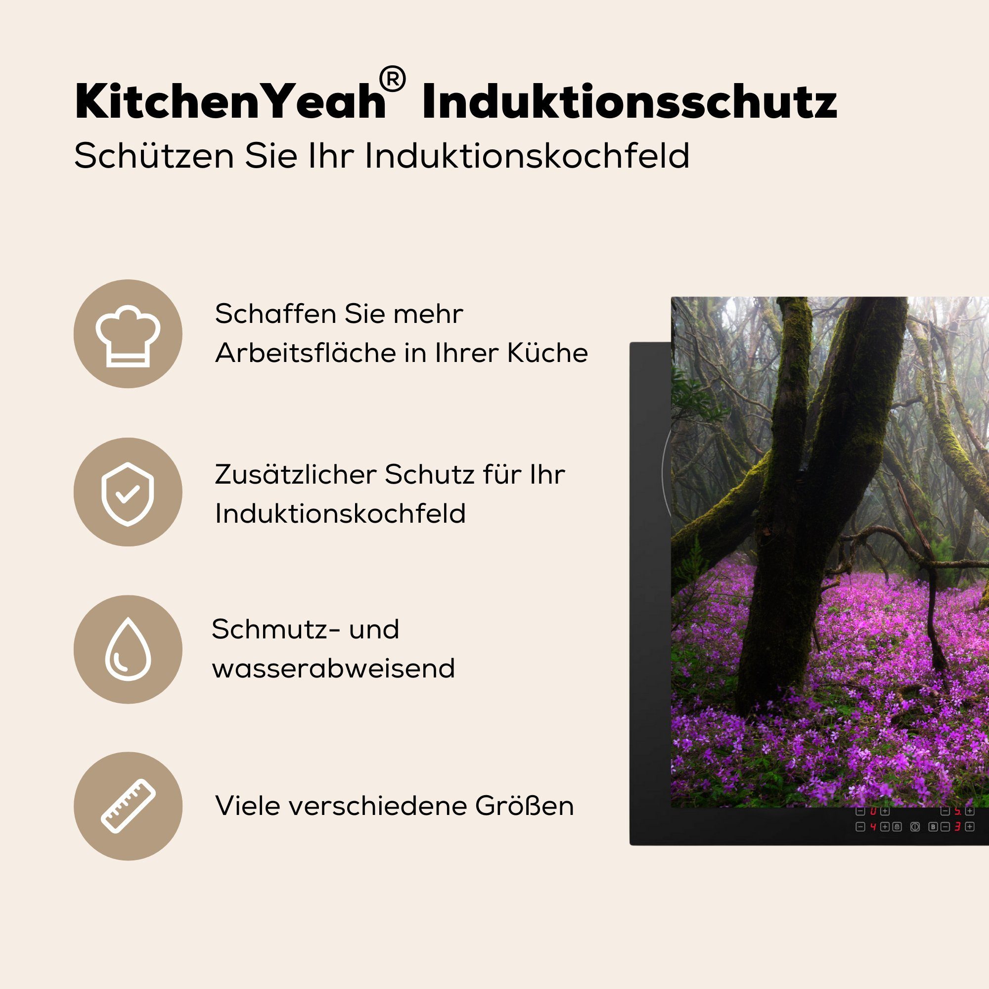 Herdblende-/Abdeckplatte cm, Induktionskochfeld (1 Vinyl, in im küche, MuchoWow Garajonay-Nationalpark die für Leuchtend 81x52 Spanien, Ceranfeldabdeckung tlg), Blumen rosa Schutz