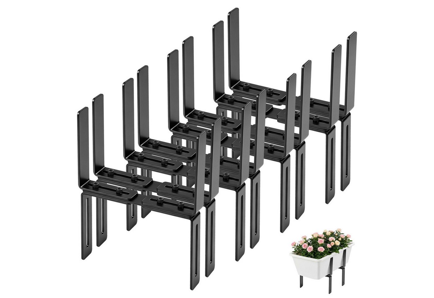 QUBEBU Blumenkastenhalter Blumenkastenhalter H-Form, Blumenkastenhalterung für Balkon, Geländer, Kasten Halter für Blumenkasten 15–27 cm, Balkongeländer 1,5–32 cm, 8-St., Balkonkasten Halterung für Balkongeländer, ohne Bohren, Robuster