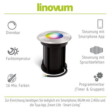 linovum Gartenstrahler Smarte LED Bodeneinbauleuchte BORU in rund & gebuerstet dimmbar RGB, Leuchtmittel inklusive