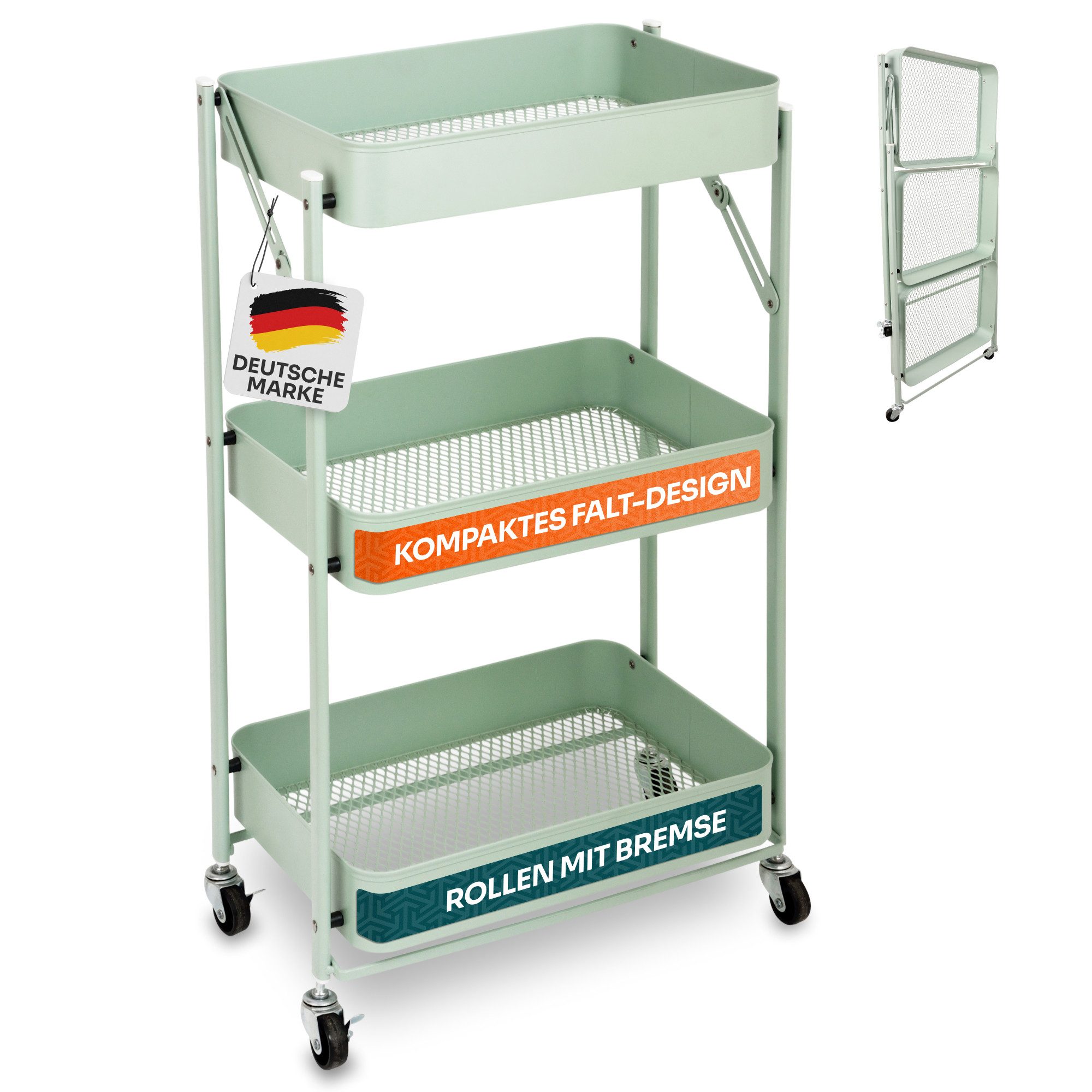Gardissimo Beistellwagen klappbar mit 4 Rollen aus Metall, (komplett-Set), Rollwagen Küchenwagen Nischenregal Servierwagen