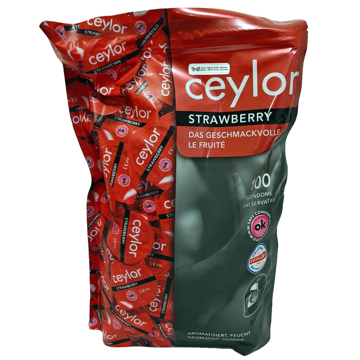 Ceylor Kondome Strawberry (Kondome mit Aroma-Gleitcreme) Packung mit, 100 St., fruchtige Erdbeer-Kondome, Premium-Qualität aus der Schweiz, im hygienischen "Dösli", einfach zu öffnen, schnelleres Überziehen