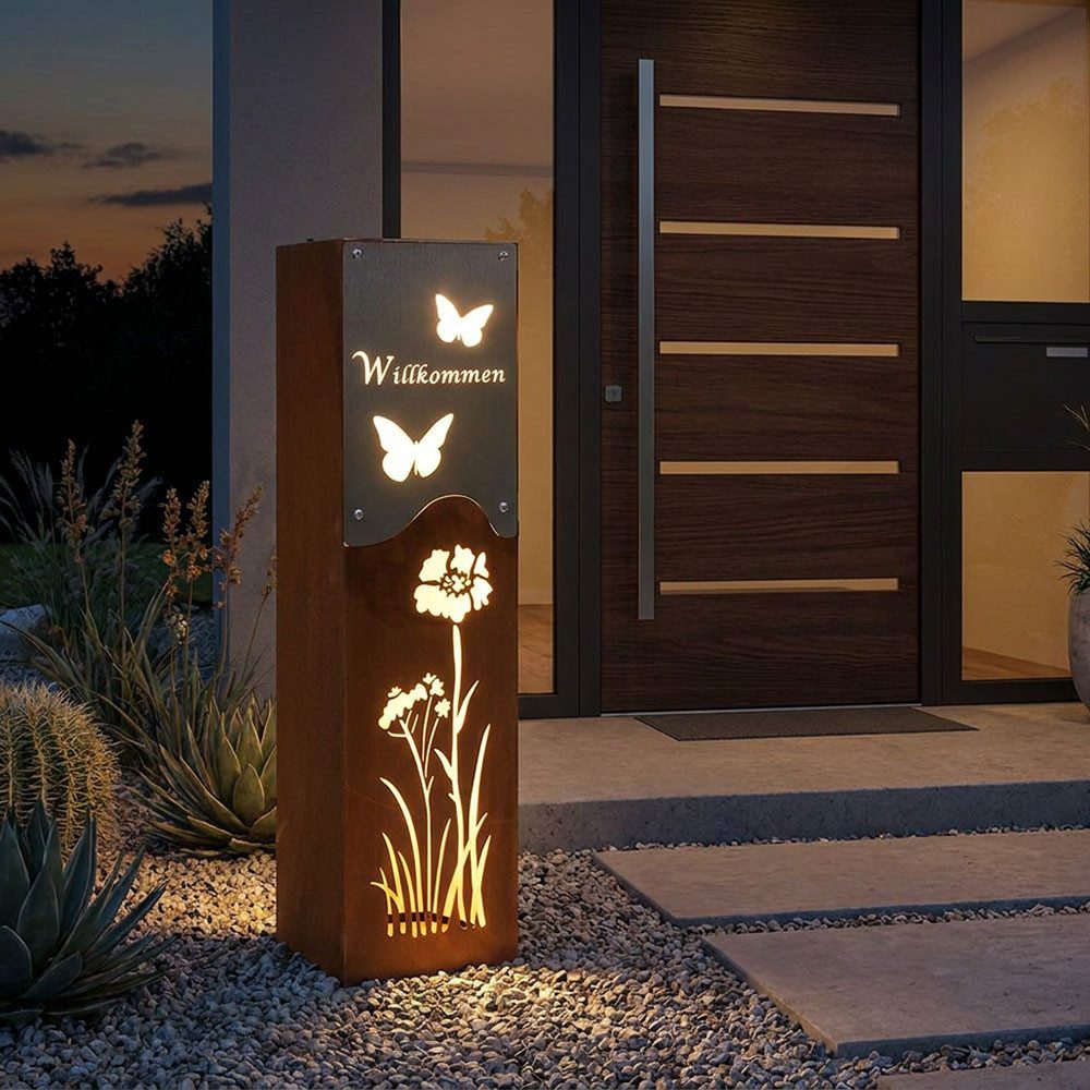 Harms Import LED Solarleuchte, LED-Leuchtmittel fest verbaut, Warmweiß, LED Solarleuchte Dekosäule Edelstahl rost silber Akku H 57,5 cm