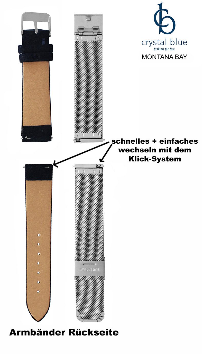 crystal blue Quarzuhr Armbanduhr Unisex Damen Herren Wechselarmband blau Velours silber Mesh, kostenlose Lieferung